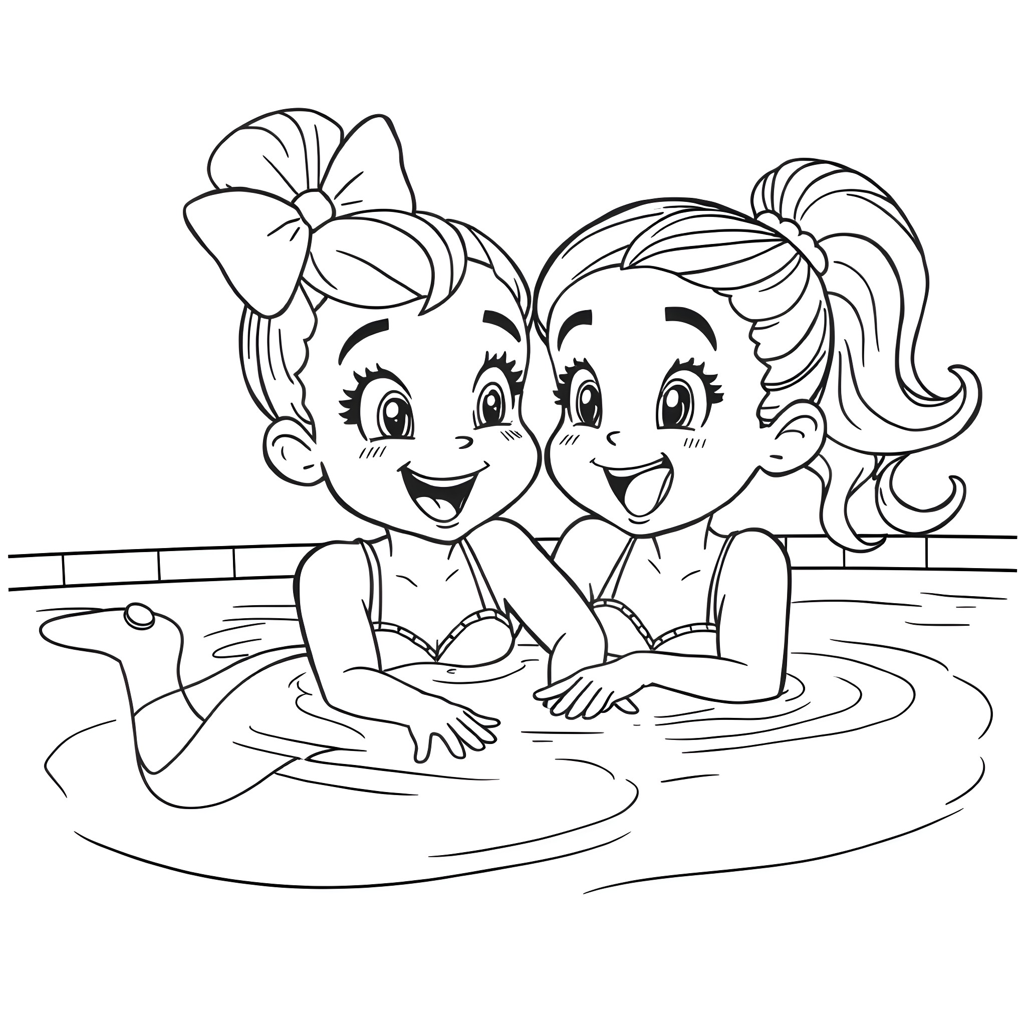 Gabby and friend enjoying a swim Coloring Page (free black-and-white line drawing printable PDF for all, from beginners to advanced learners, including children, teens, adults, and seniors)