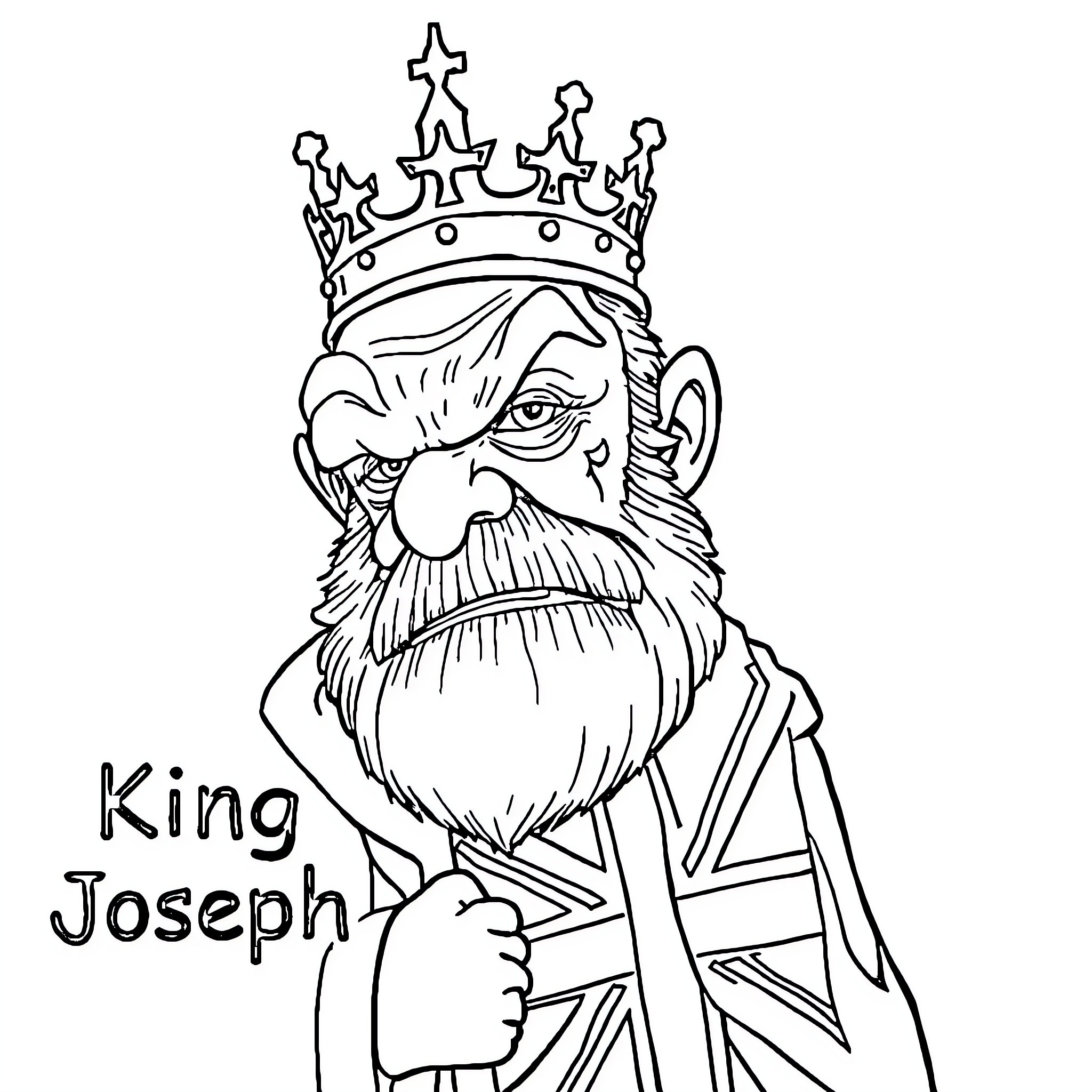 King Joseph's Regal Appearance and Attire Coloring Page (free black-and-white line drawing printable PDF for all, from beginners to advanced learners, including children, teens, adults, and seniors)