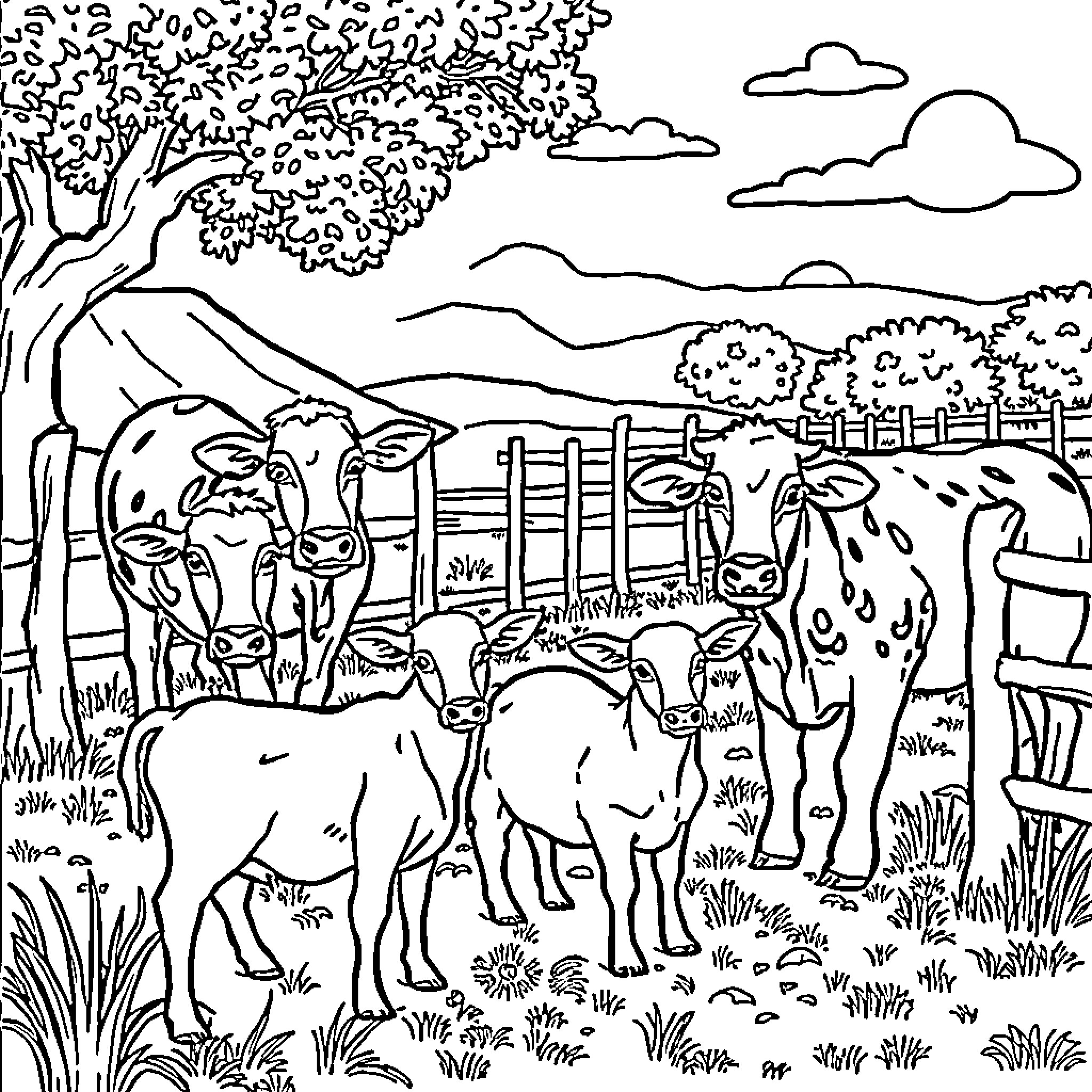 Farm Animals Grazing Peacefully in Pastoral Countryside Coloring Page (free black-and-white line drawing printable PDF for all, from beginners to advanced learners, including children, teens, adults, and seniors)