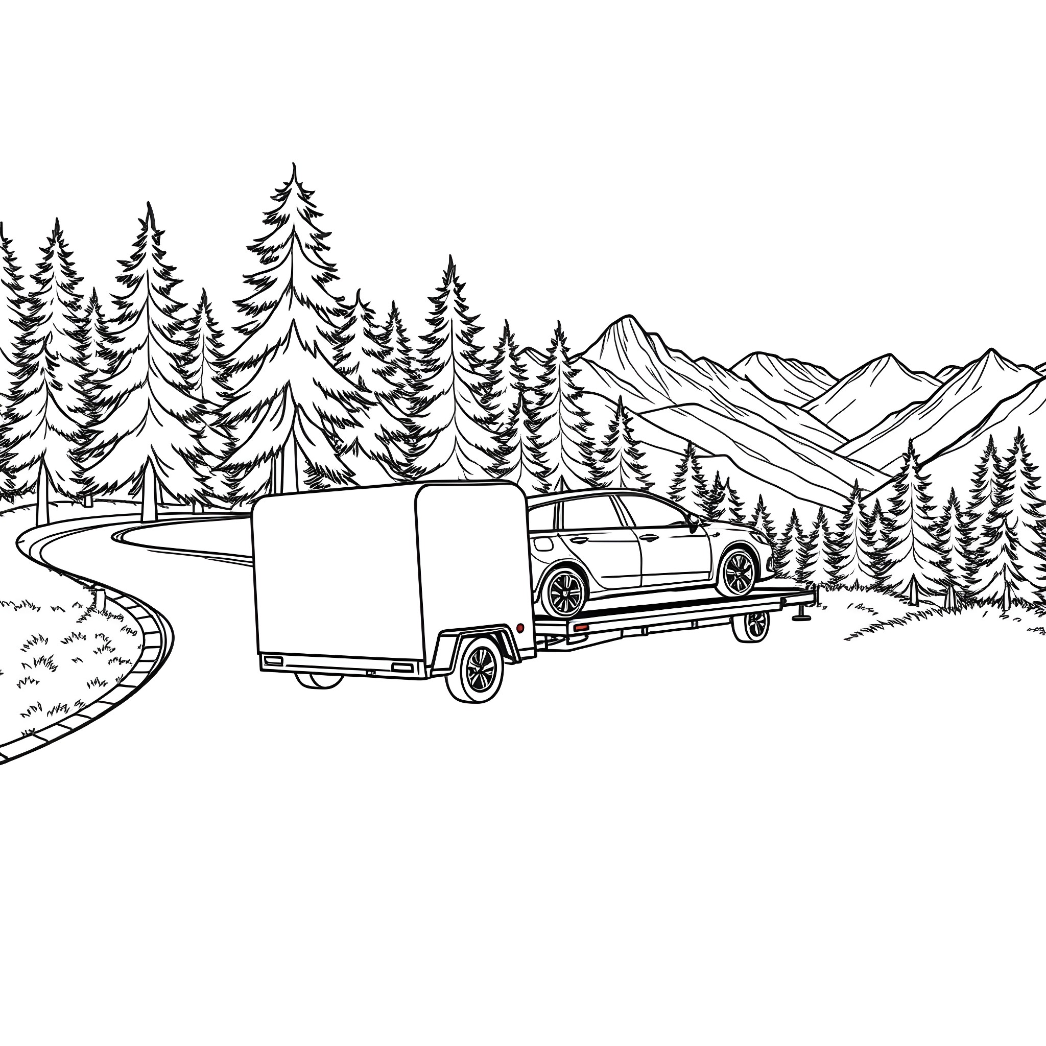 Car Trailer Transporting Goods through Mountainous Landscape Coloring Page (free black-and-white line drawing printable PDF for all, from beginners to advanced learners, including children, teens, adults, and seniors)