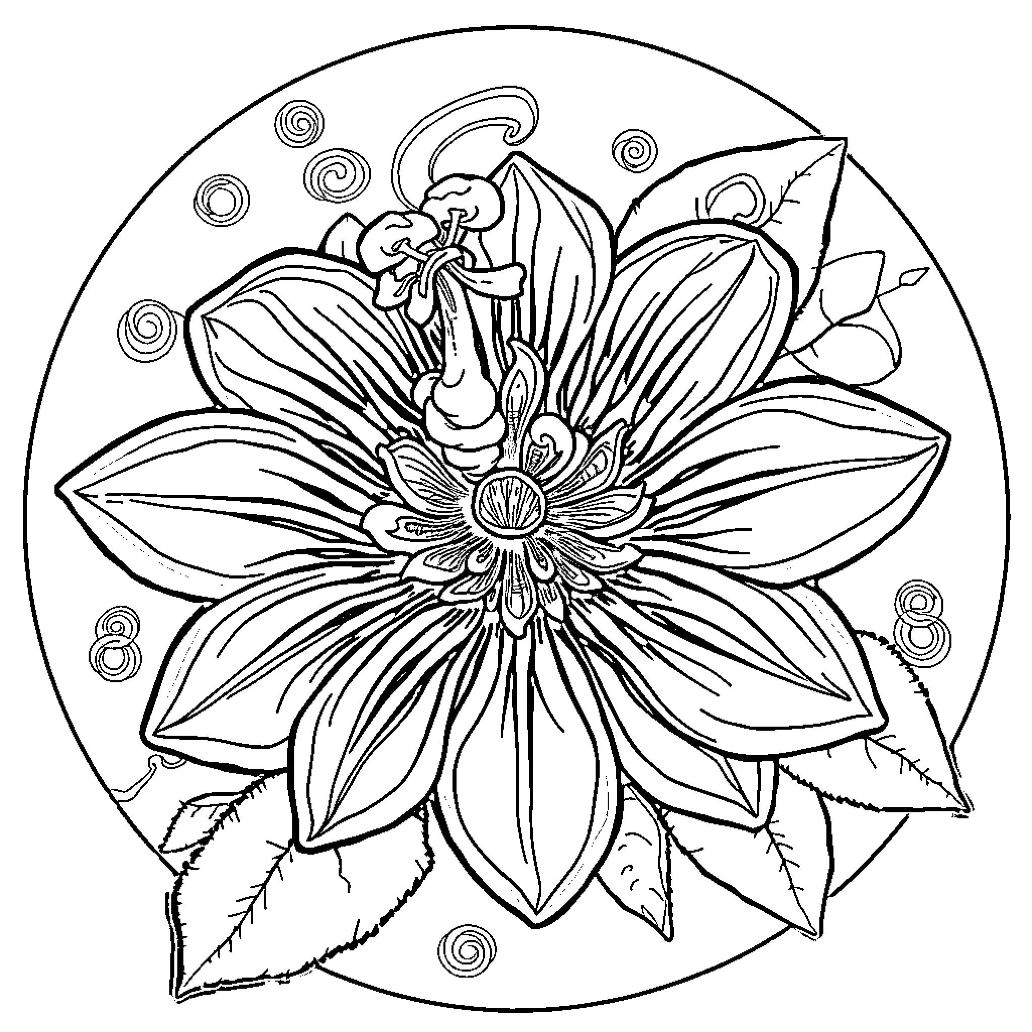 Passion Fruit Floral Mandala Design Coloring Page (free black-and-white line drawing printable PDF for all, from beginners to advanced learners, including children, teens, adults, and seniors)