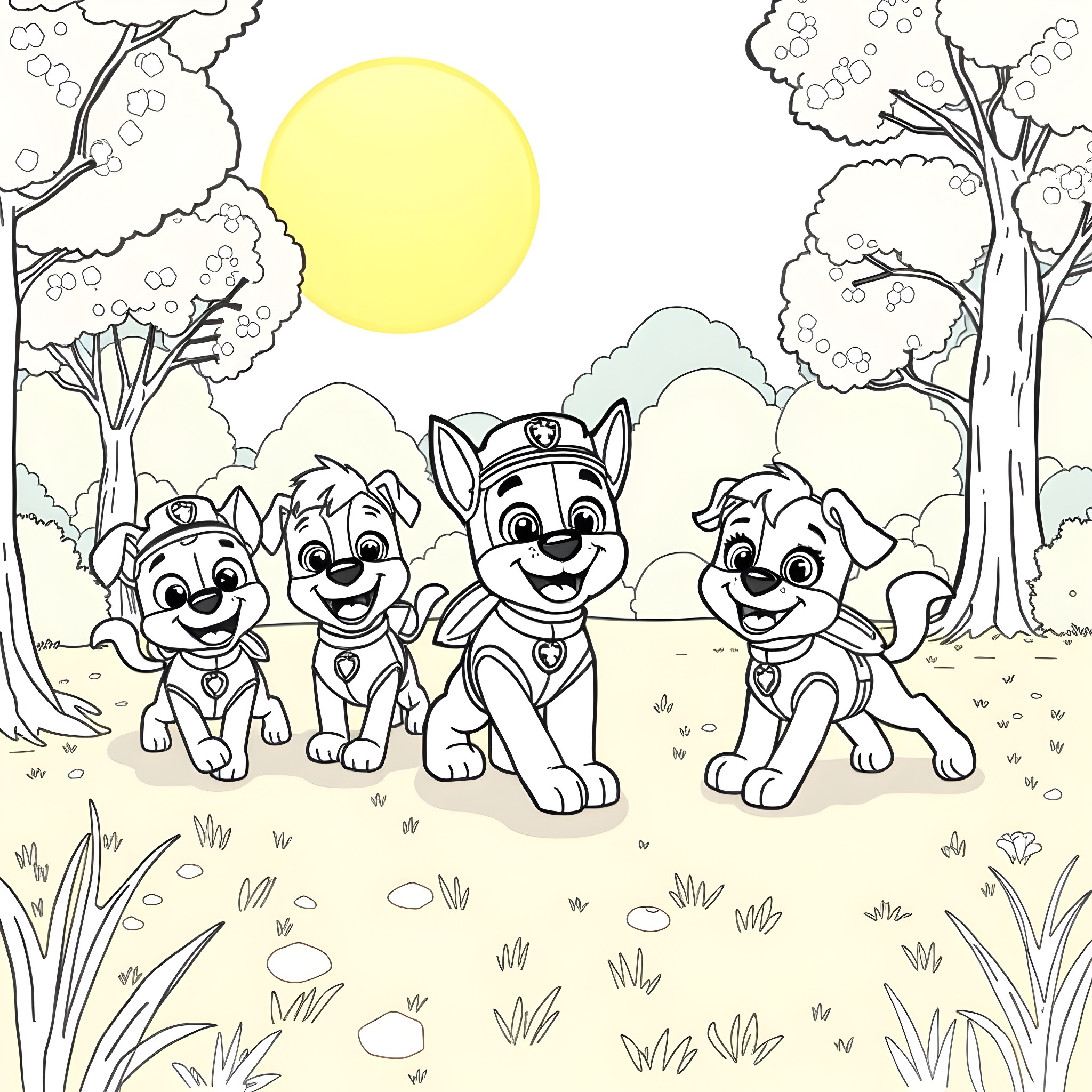 Paw Patrol Pups on an Outdoor Adventure Coloring Page (free black-and-white line drawing printable PDF for all, from beginners to advanced learners, including children, teens, adults, and seniors)