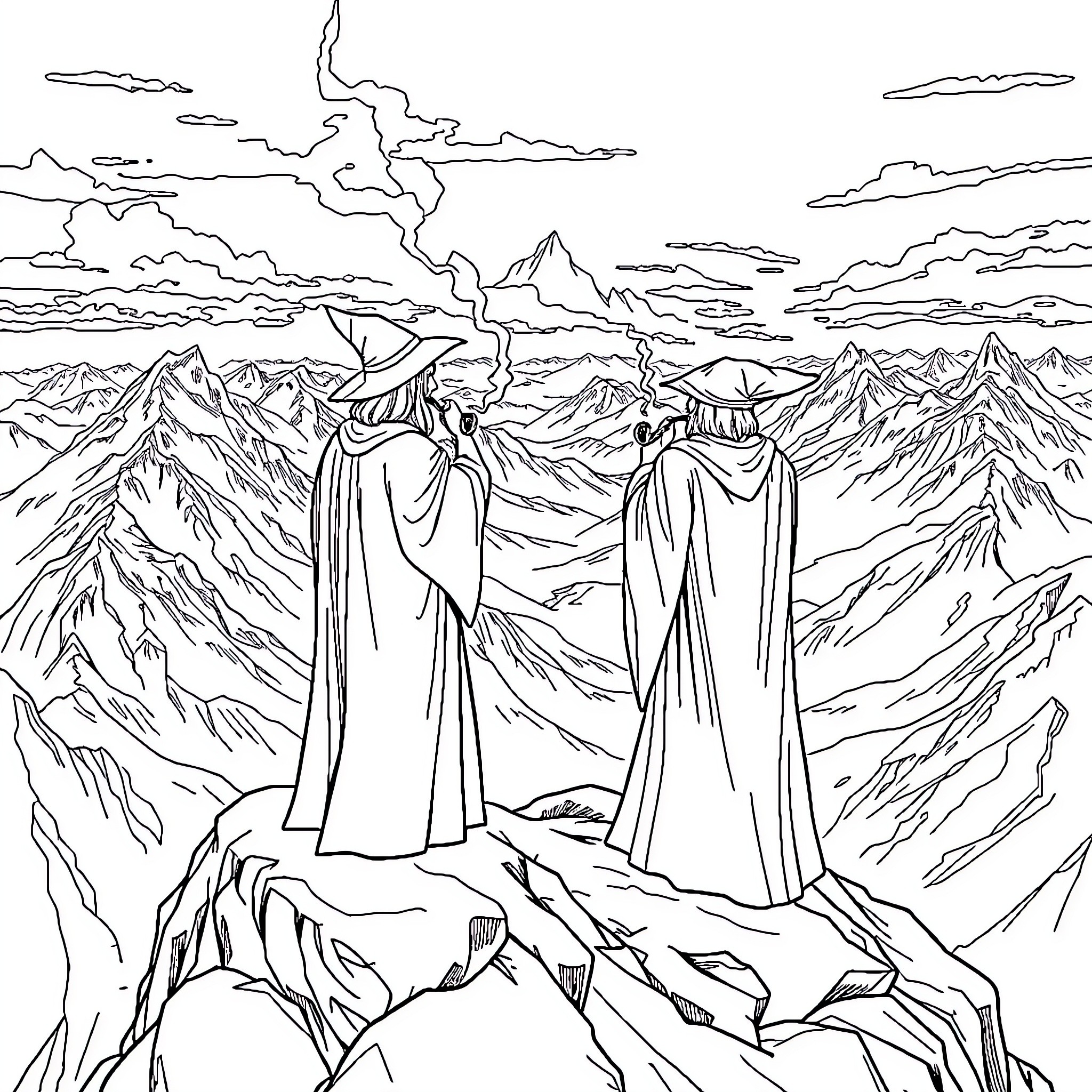 Wizard Duo Surveying the Majestic Mountain Landscape Coloring Page (free black-and-white line drawing printable PDF for all, from beginners to advanced learners, including children, teens, adults, and seniors)