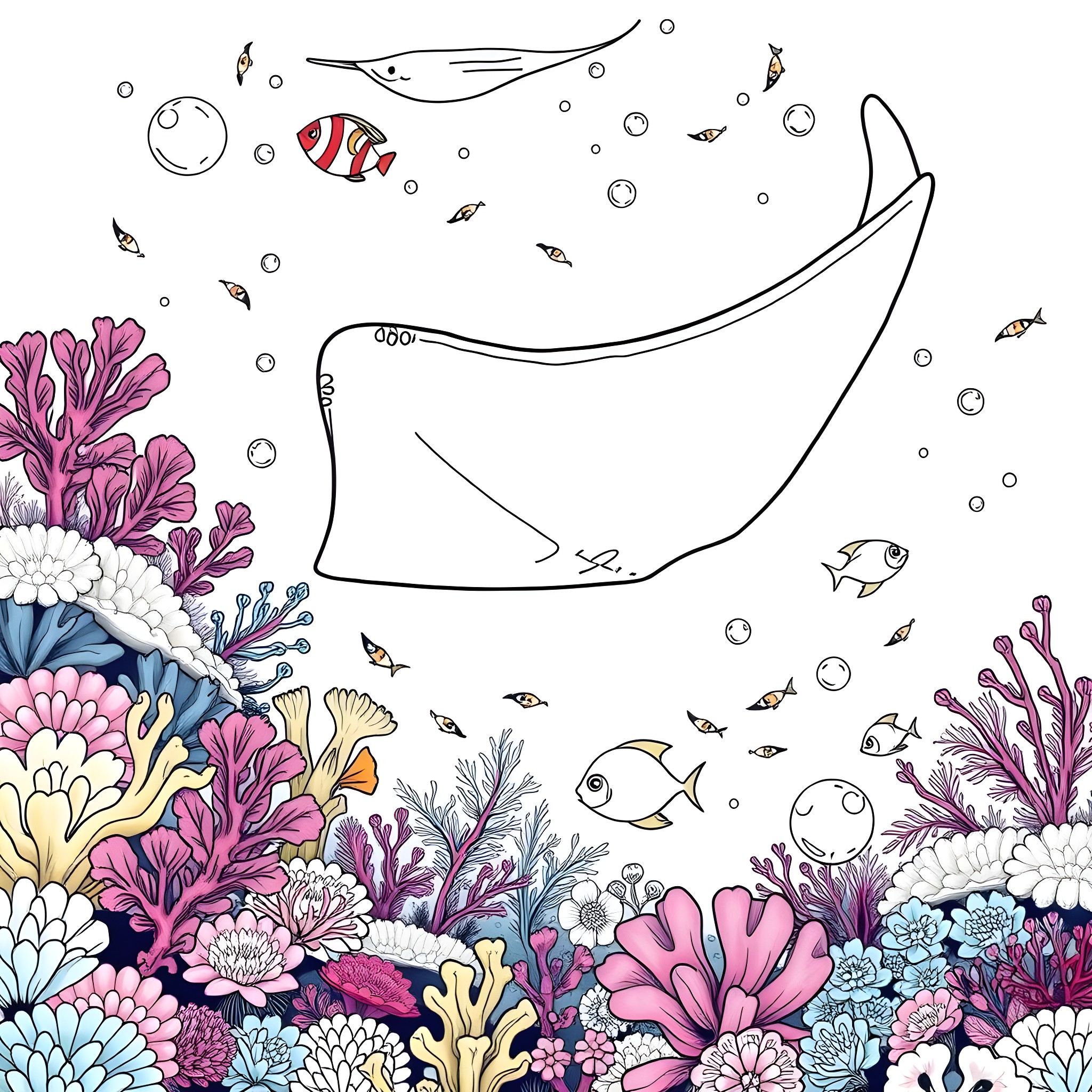 Ray swimming among vibrant coral reef Coloring Page (free black-and-white line drawing printable PDF for all, from beginners to advanced learners, including children, teens, adults, and seniors)