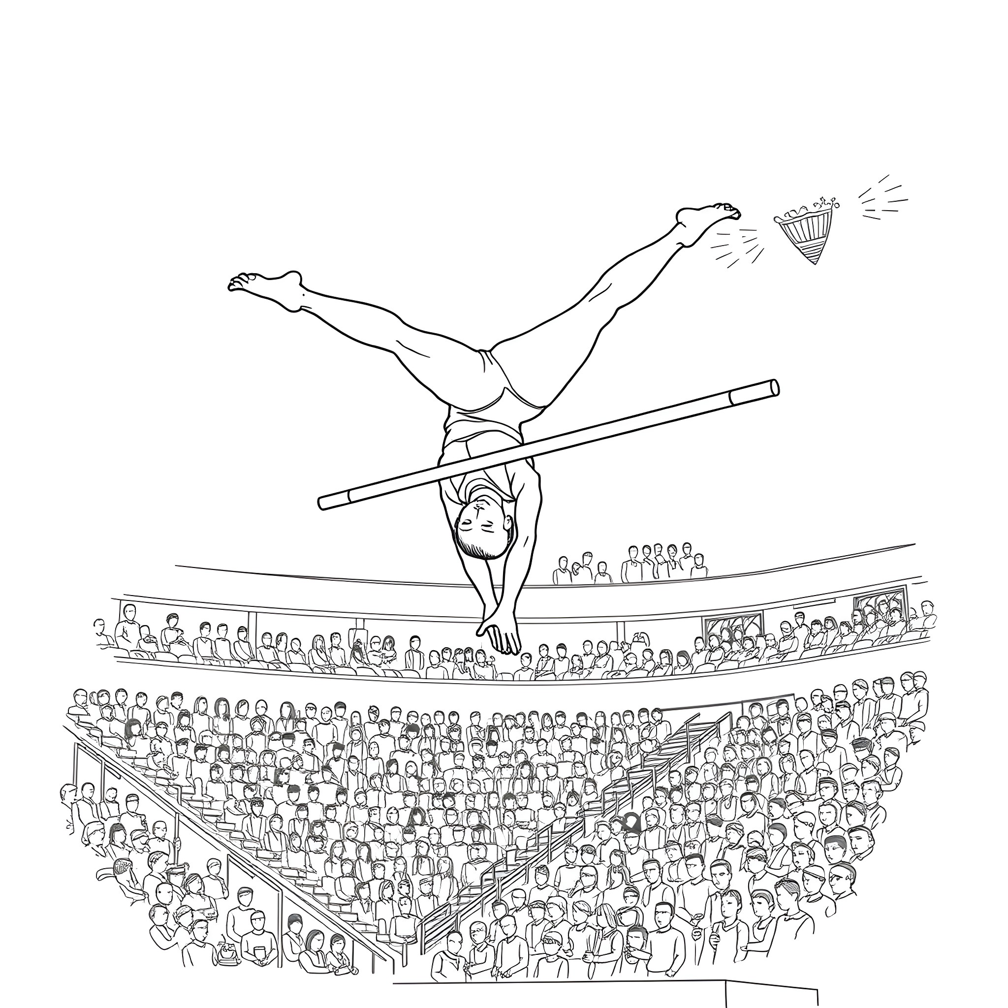 Man performing gymnastics routine in front of cheering crowd Coloring Page (free black-and-white line drawing printable PDF for all, from beginners to advanced learners, including children, teens, adults, and seniors)