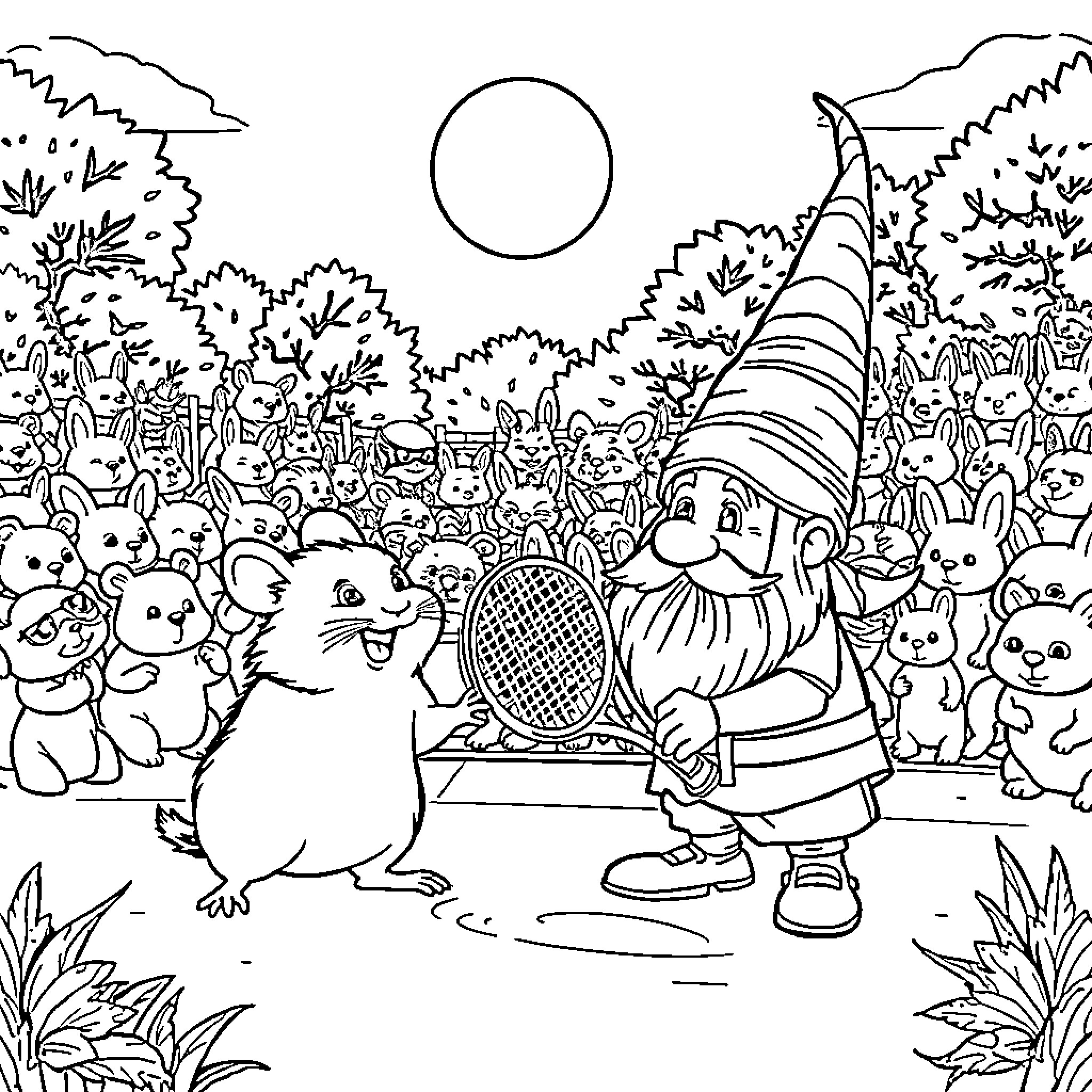 Gerbil Playing with Friendly Forest Creatures Coloring Page (free black-and-white line drawing printable PDF for all, from beginners to advanced learners, including children, teens, adults, and seniors)