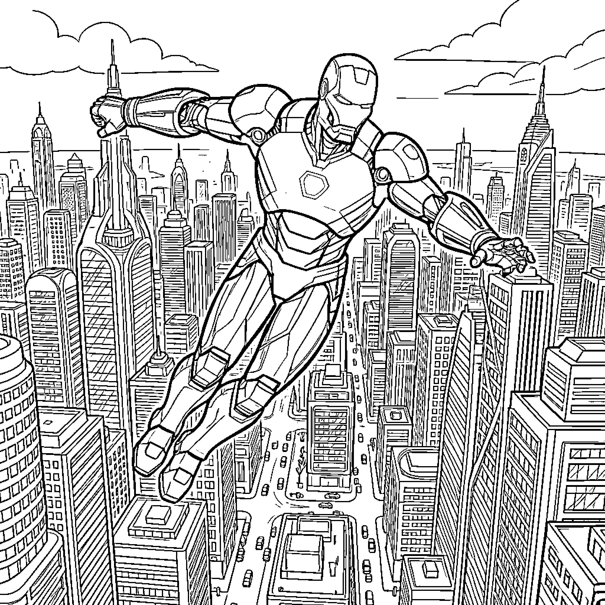 Iron Man flying heroically over a city skyline Coloring Page (free black-and-white line drawing printable PDF for all, from beginners to advanced learners, including children, teens, adults, and seniors)