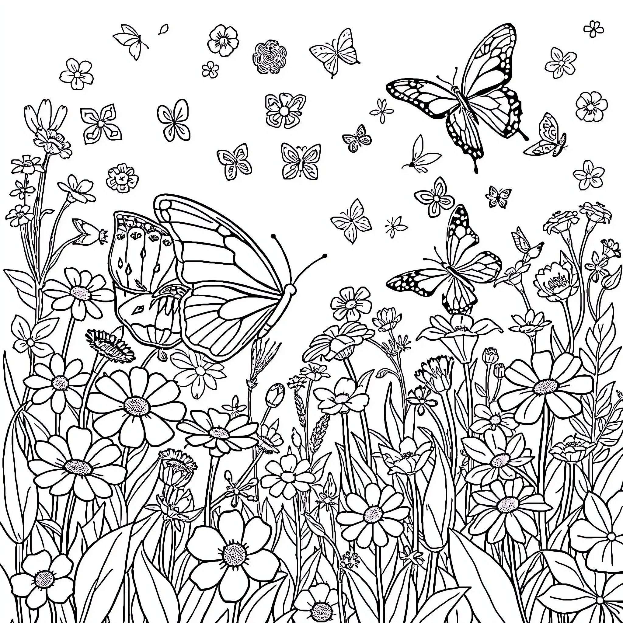 Butterfly Blossoms and Butterflies Coloring Page (free black-and-white line drawing printable PDF for all, from beginners to advanced learners, including children, teens, adults, and seniors)