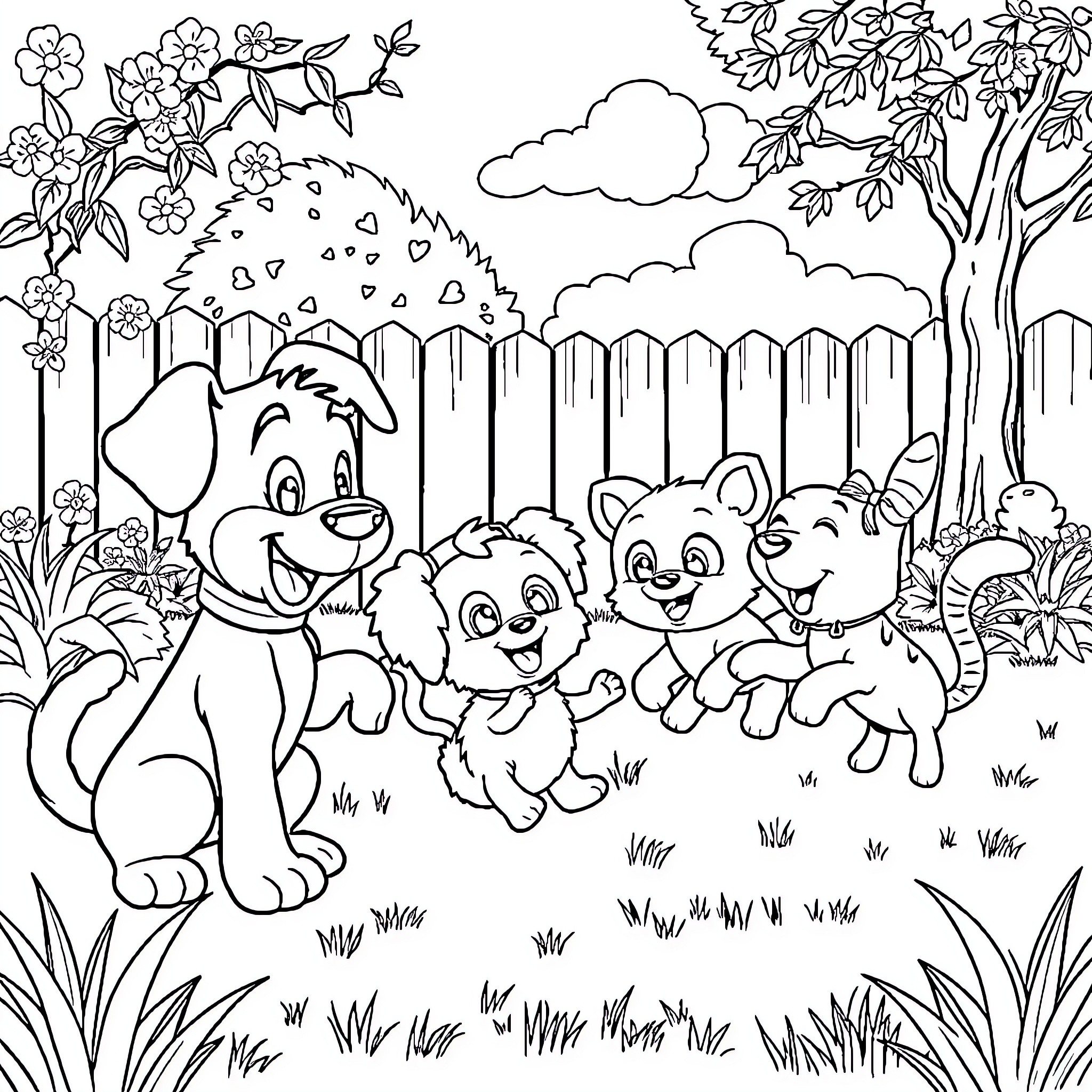 Bluey and friends explore the colorful garden Coloring Page (free black-and-white line drawing printable PDF for all, from beginners to advanced learners, including children, teens, adults, and seniors)
