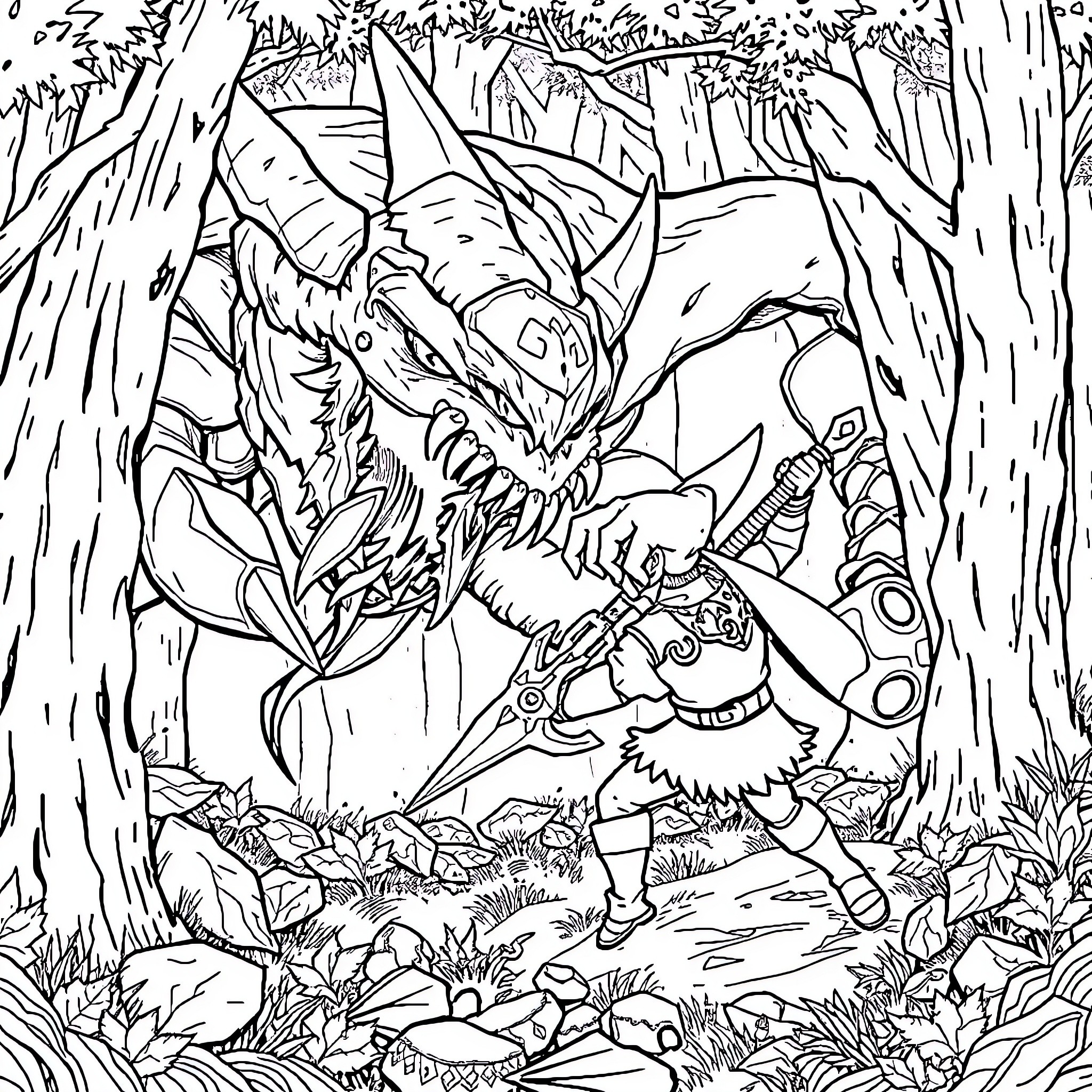 Link battling a fierce dragon in the forest Coloring Page (free black-and-white line drawing printable PDF for all, from beginners to advanced learners, including children, teens, adults, and seniors)