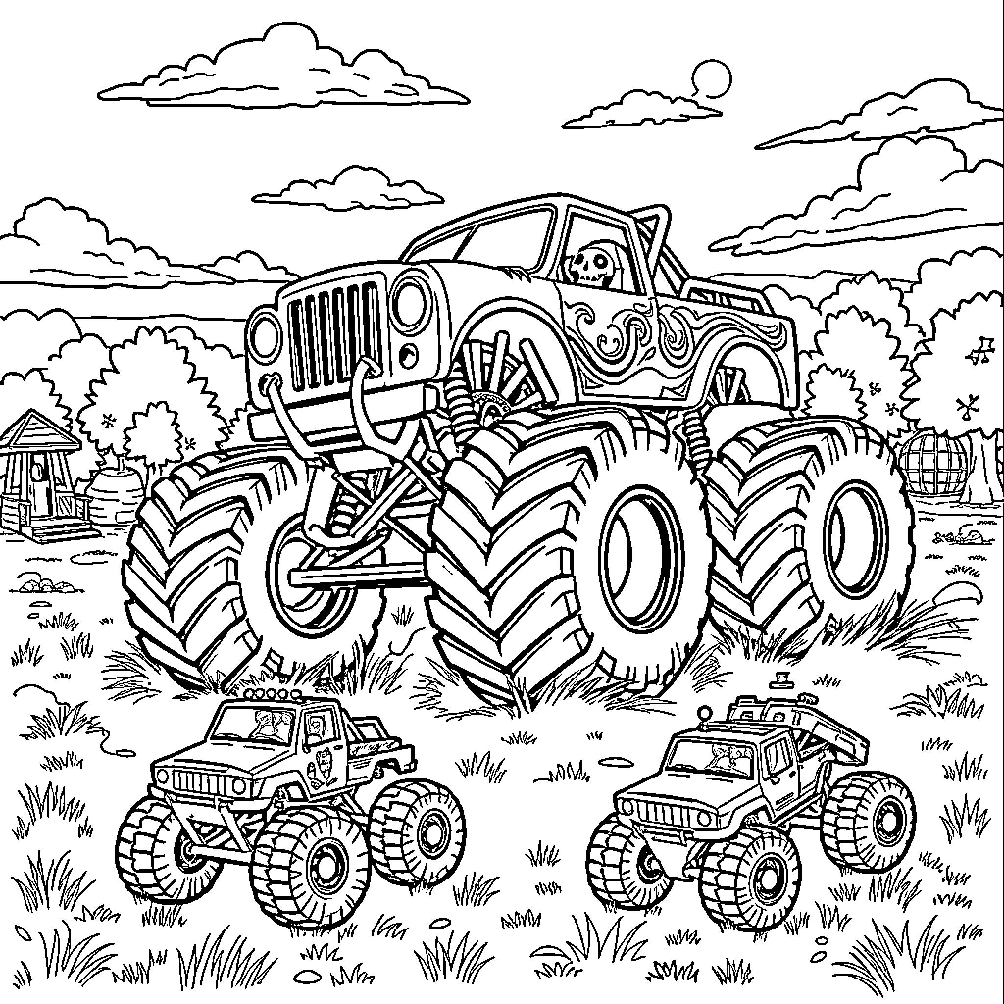 Gravedigger monster trucks crushing through the rural landscape Coloring Page (free black-and-white line drawing printable PDF for all, from beginners to advanced learners, including children, teens, adults, and seniors)