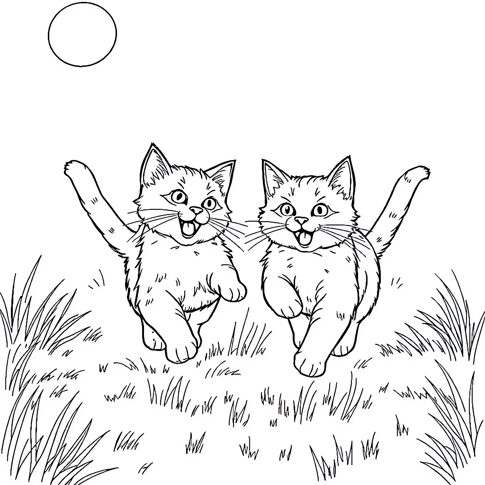 Cat kittens playing in the grass Coloring Page (free black-and-white line drawing printable PDF for all, from beginners to advanced learners, including children, teens, adults, and seniors)