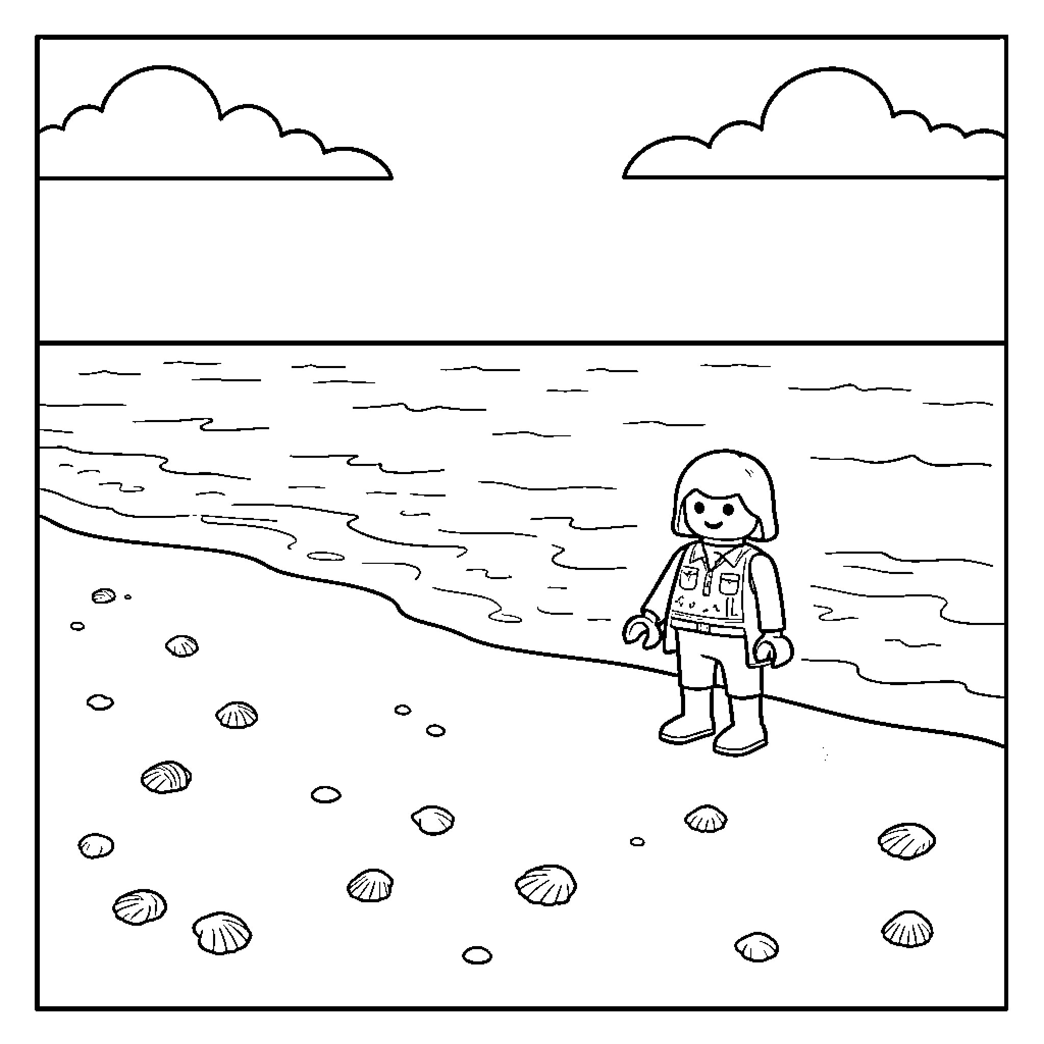 Beach scene with a character walking near seashells Coloring Page (free black-and-white line drawing printable PDF for all, from beginners to advanced learners, including children, teens, adults, and seniors)