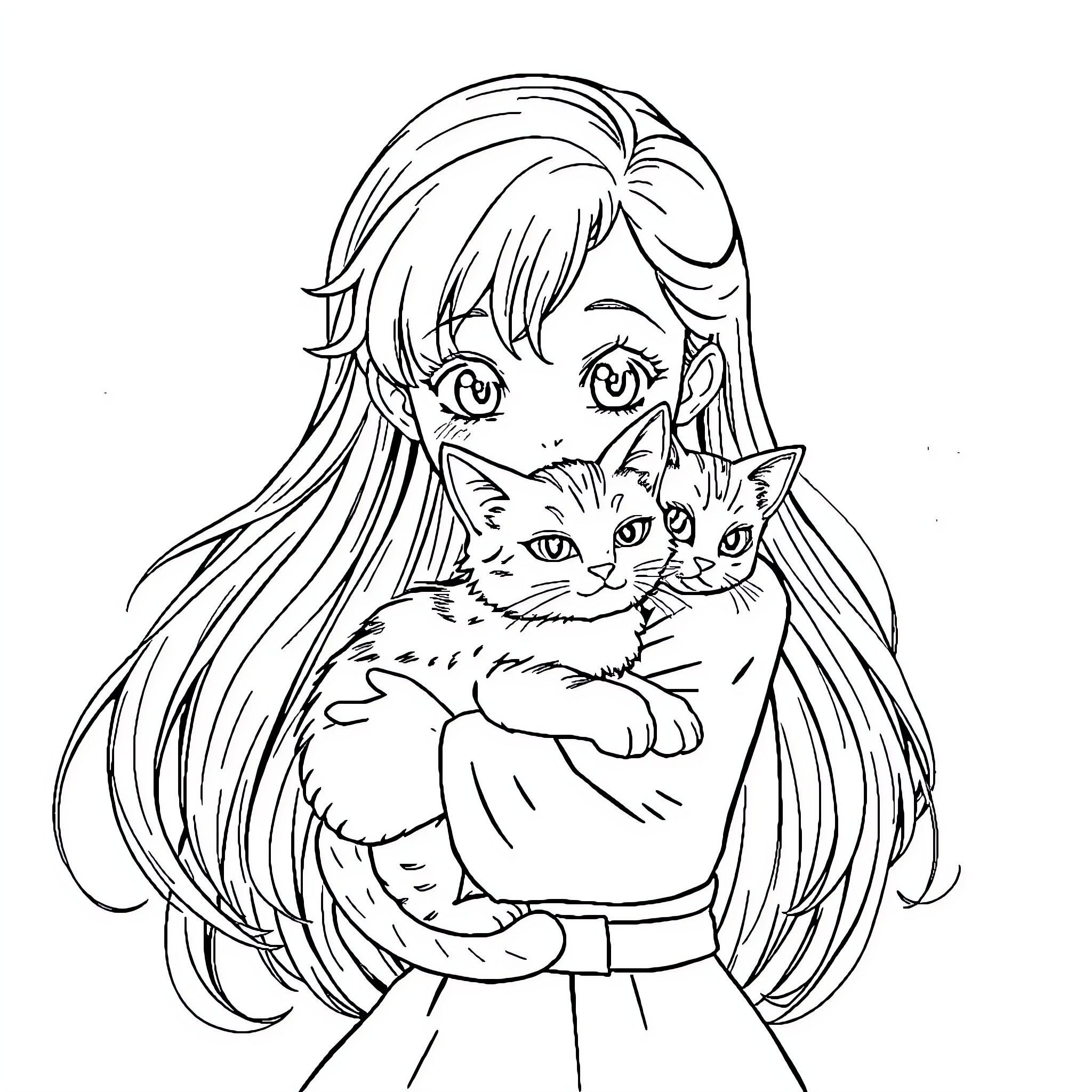 Anime Girl Holding Playful Kittens Coloring Page (free black-and-white line drawing printable PDF for all, from beginners to advanced learners, including children, teens, adults, and seniors)