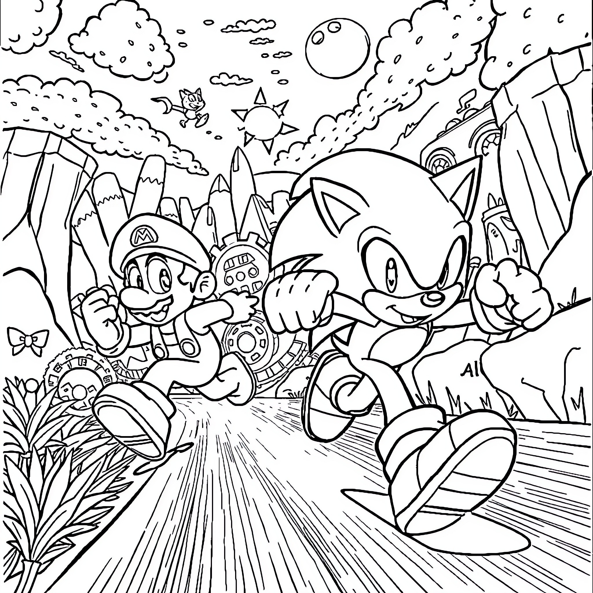 Sonic and Friends Embark on an Adventurous Journey Coloring Page (free black-and-white line drawing printable PDF for all, from beginners to advanced learners, including children, teens, adults, and seniors)