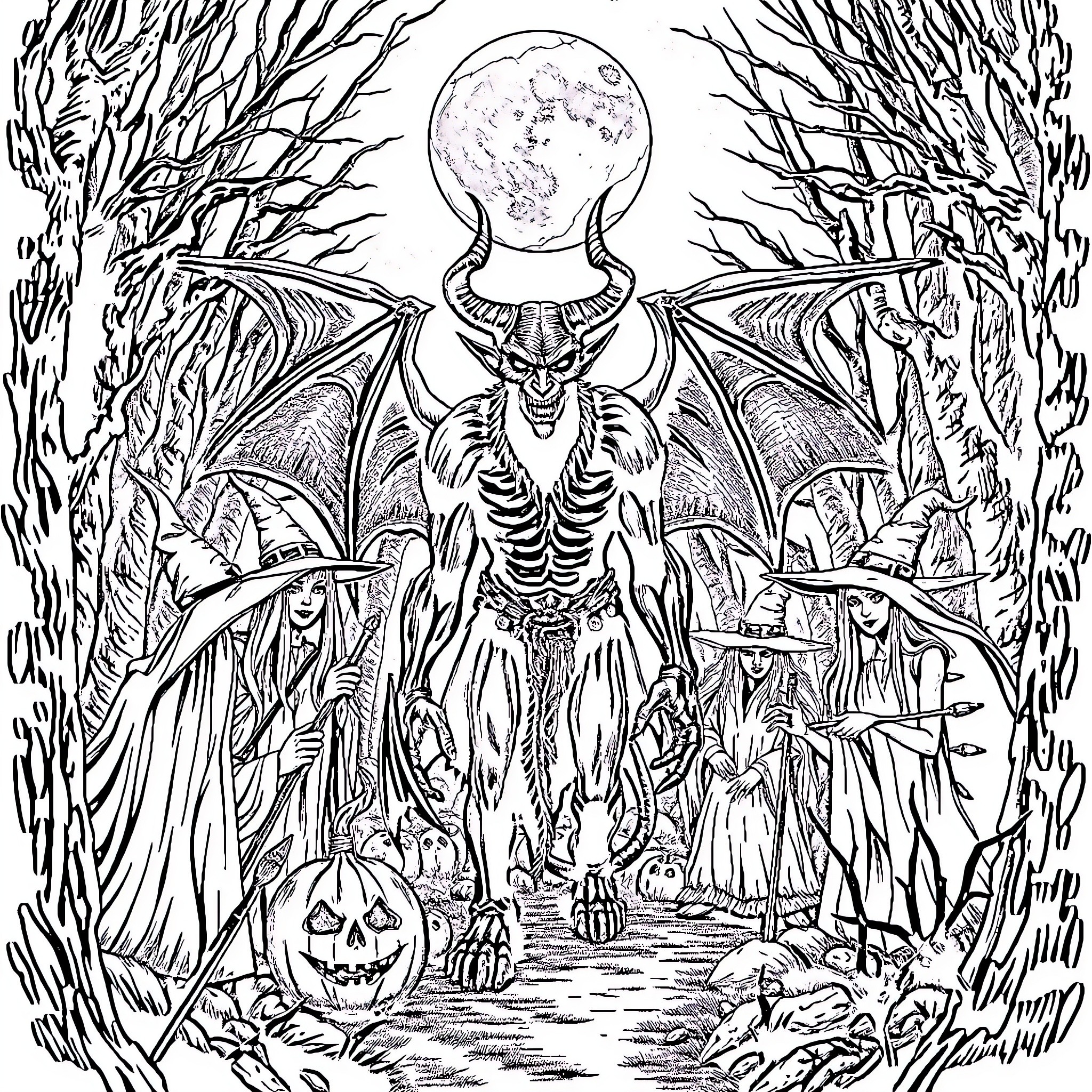Devil's Sinister Lair in the Haunting Forest Coloring Page (free black-and-white line drawing printable PDF for all, from beginners to advanced learners, including children, teens, adults, and seniors)