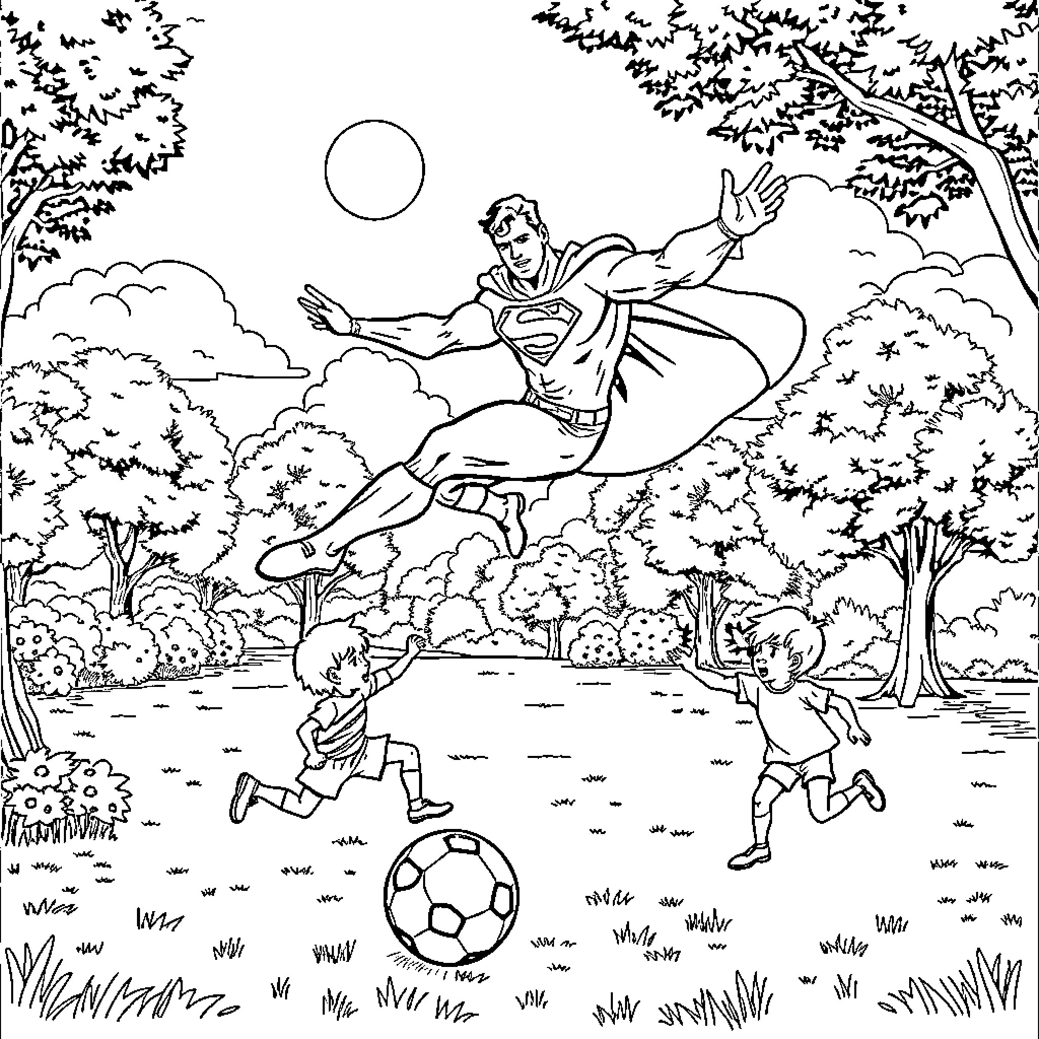 Superman heroically flying over kids playing soccer Coloring Page (free black-and-white line drawing printable PDF for all, from beginners to advanced learners, including children, teens, adults, and seniors)