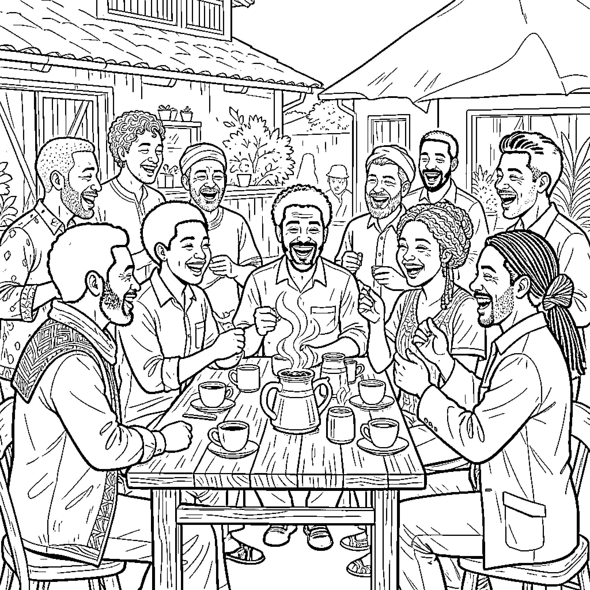 Coffee gathering with people laughing and chatting together Coloring Page (free black-and-white line drawing printable PDF for all, from beginners to advanced learners, including children, teens, adults, and seniors)