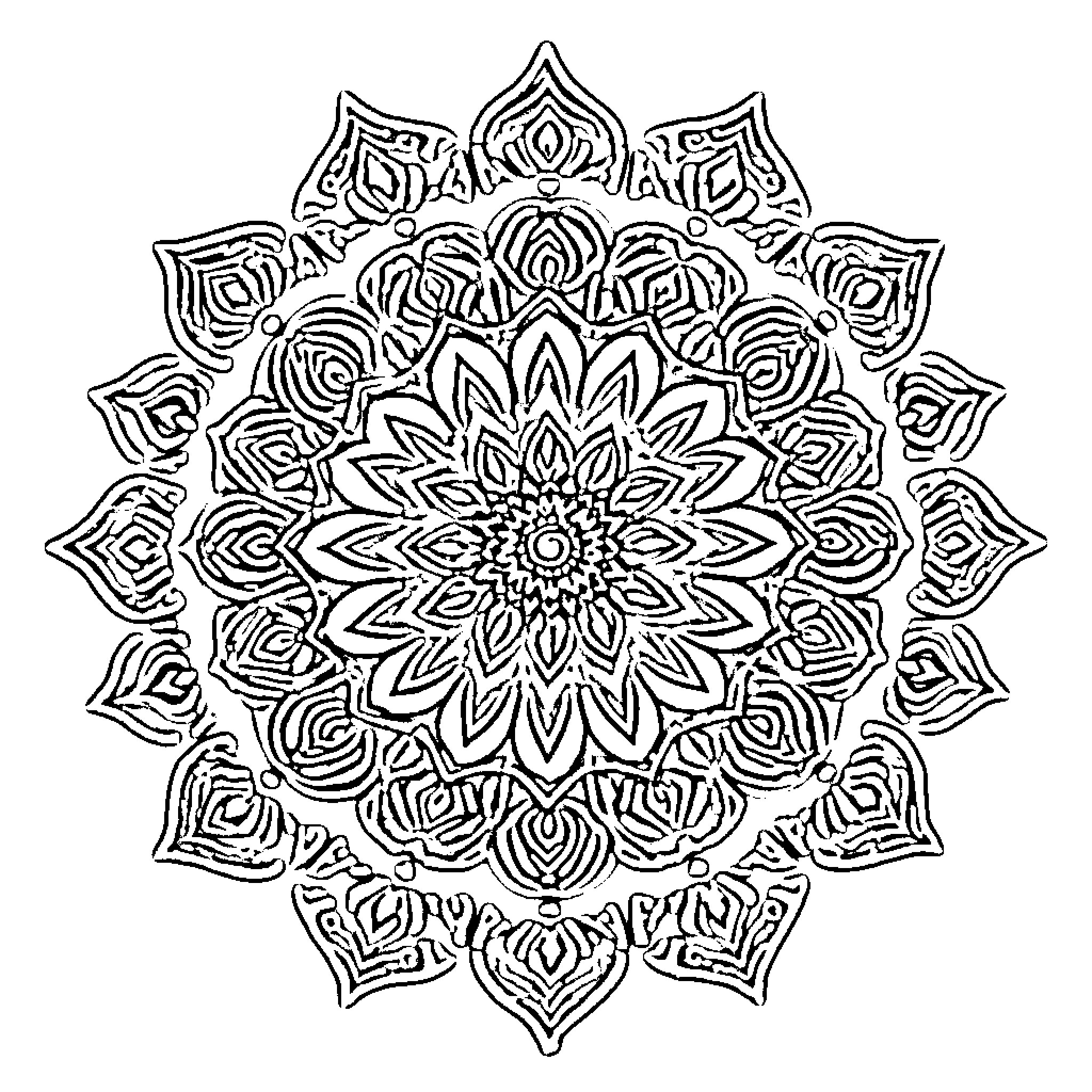 Mandala of intricate floral patterns Coloring Page (free black-and-white line drawing printable PDF for all, from beginners to advanced learners, including children, teens, adults, and seniors)
