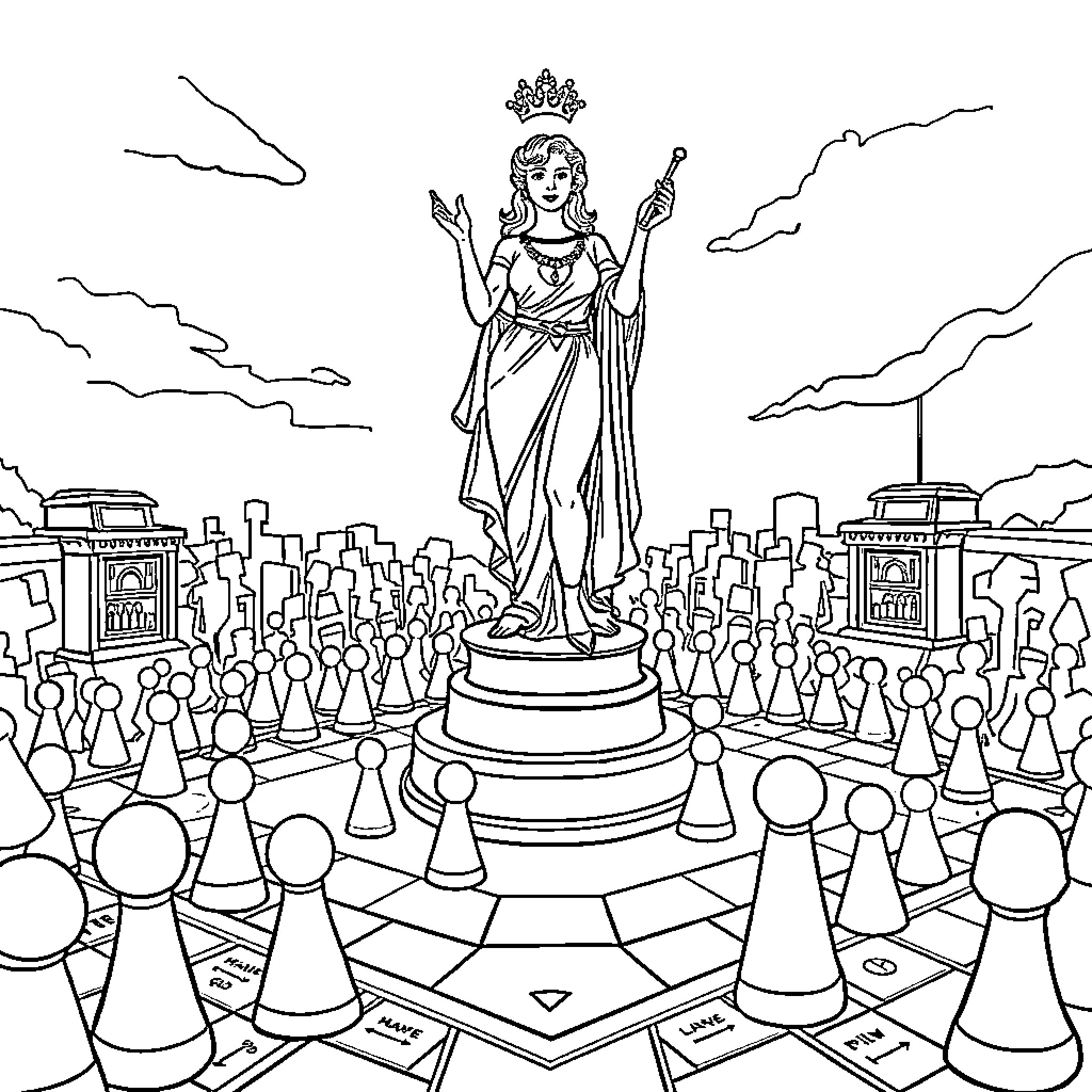 Lizzie Magie's magical kingdom with chess pieces Coloring Page (free black-and-white line drawing printable PDF for all, from beginners to advanced learners, including children, teens, adults, and seniors)