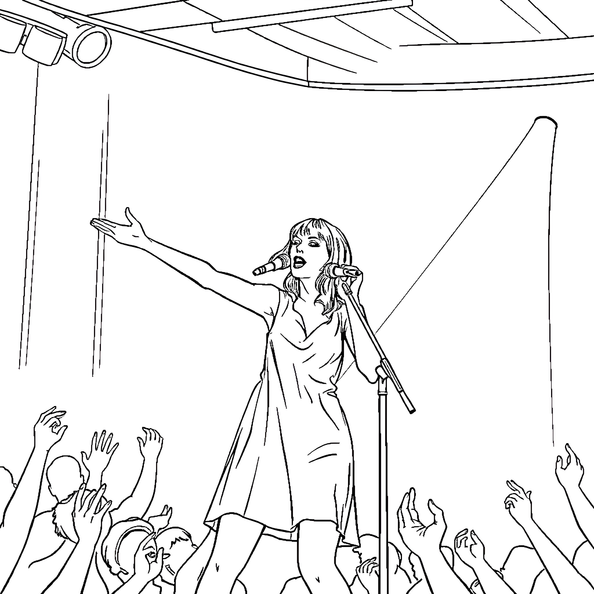 Taylor Swift performing passionately on stage with fans Coloring Page (free black-and-white line drawing printable PDF for all, from beginners to advanced learners, including children, teens, adults, and seniors)