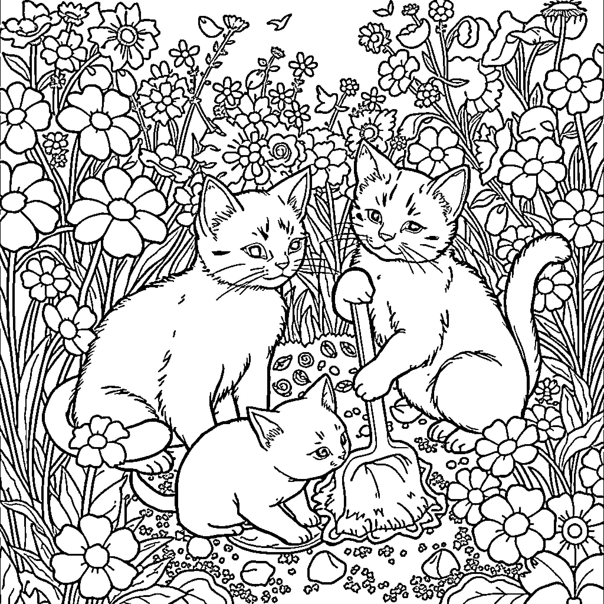Cat family playing in the floral garden Coloring Page (free black-and-white line drawing printable PDF for all, from beginners to advanced learners, including children, teens, adults, and seniors)
