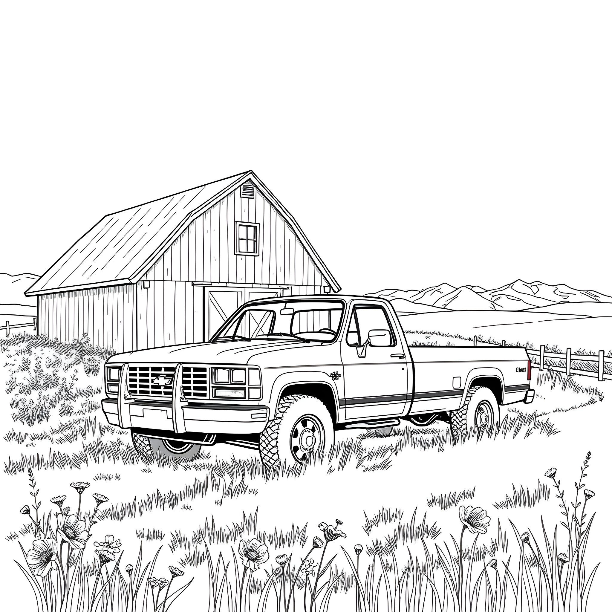 Truck parked in field near old barn Coloring Page (free black-and-white line drawing printable PDF for all, from beginners to advanced learners, including children, teens, adults, and seniors)