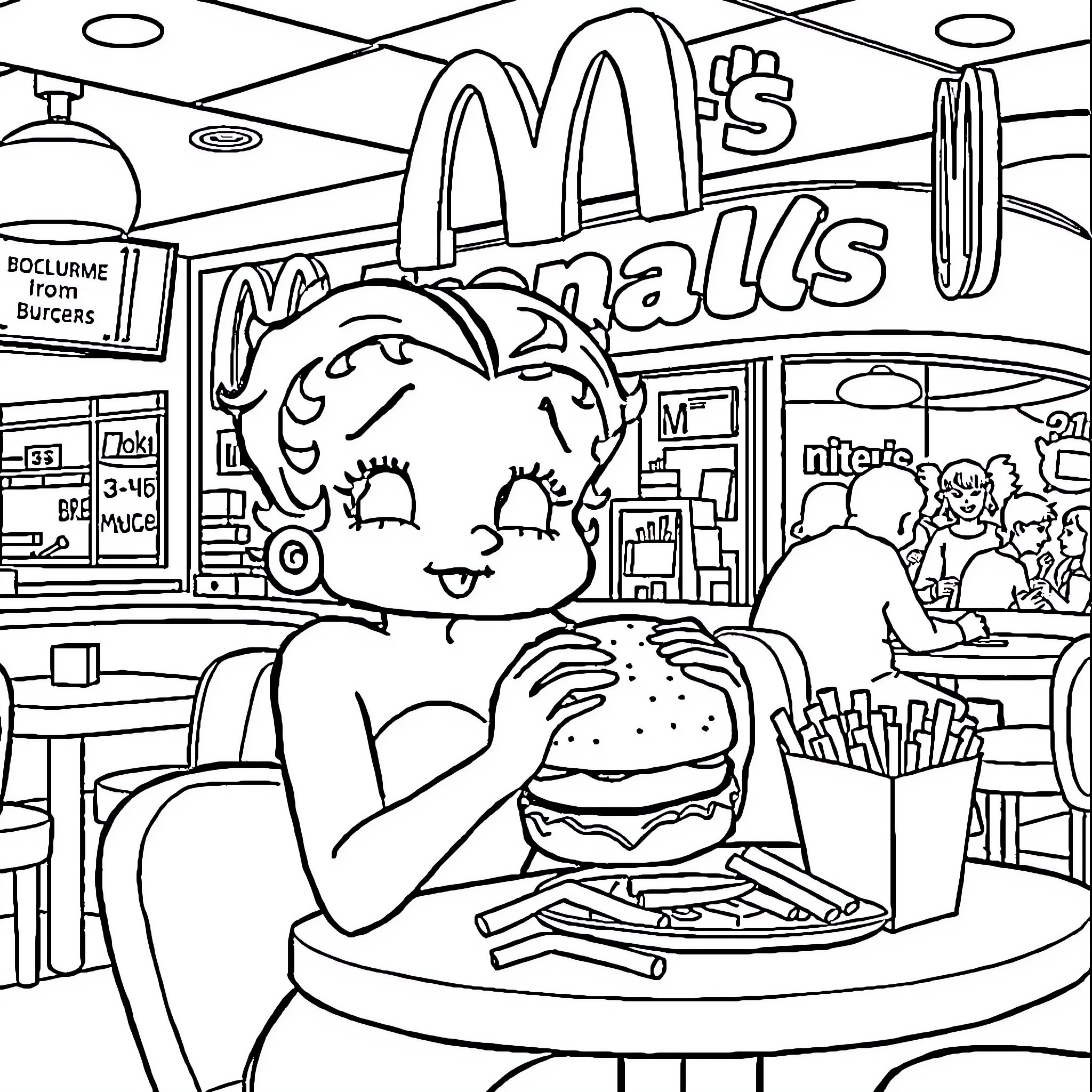 Betty Boop enjoying a burger at McDonald's Coloring Page (free black-and-white line drawing printable PDF for all, from beginners to advanced learners, including children, teens, adults, and seniors)