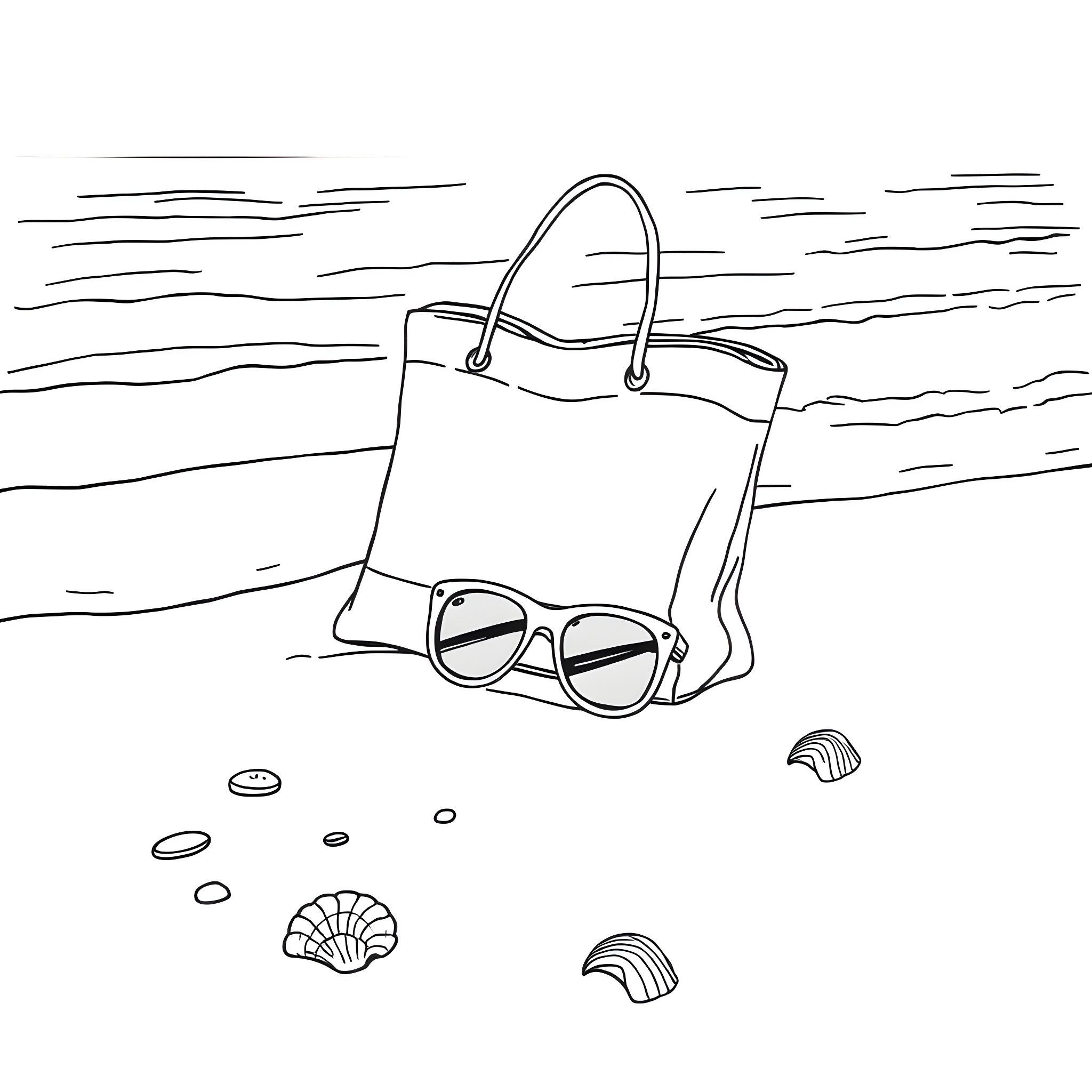 Bag with sunglasses on the beach Coloring Page (free black-and-white line drawing printable PDF for all, from beginners to advanced learners, including children, teens, adults, and seniors)