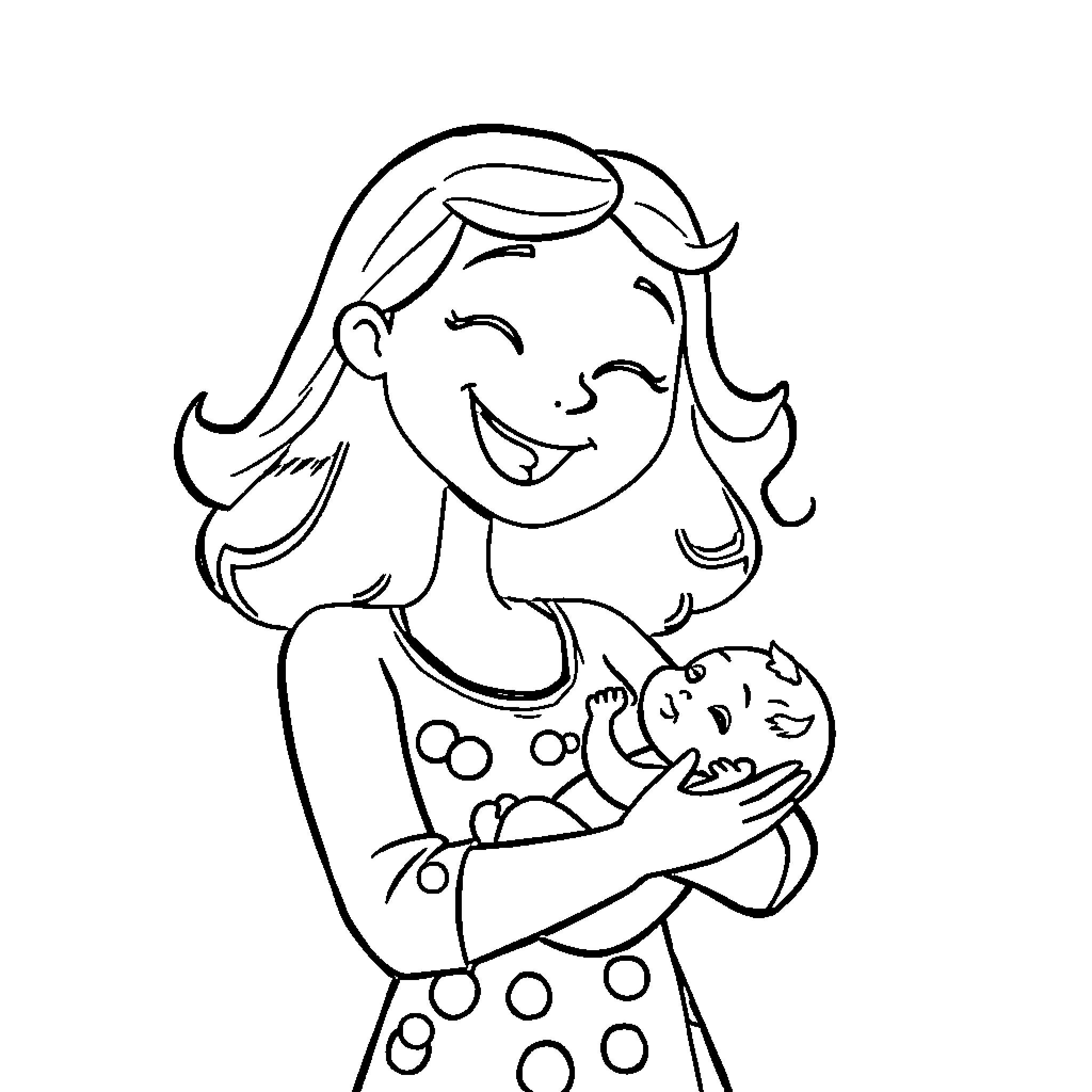 Mom holding and smiling at her baby Coloring Page (free black-and-white line drawing printable PDF for all, from beginners to advanced learners, including children, teens, adults, and seniors)