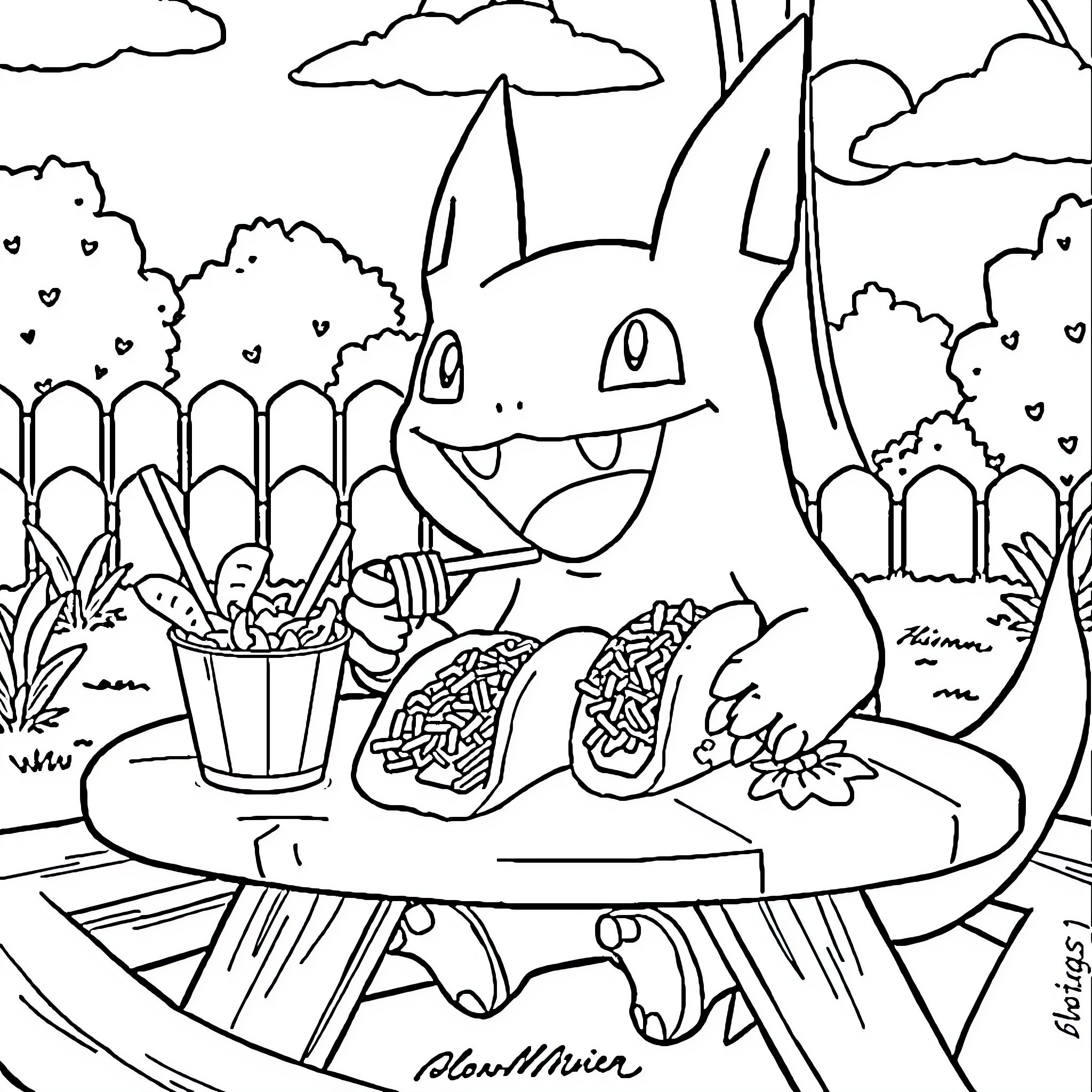 Gengar enjoying a relaxing day in the park Coloring Page (free black-and-white line drawing printable PDF for all, from beginners to advanced learners, including children, teens, adults, and seniors)