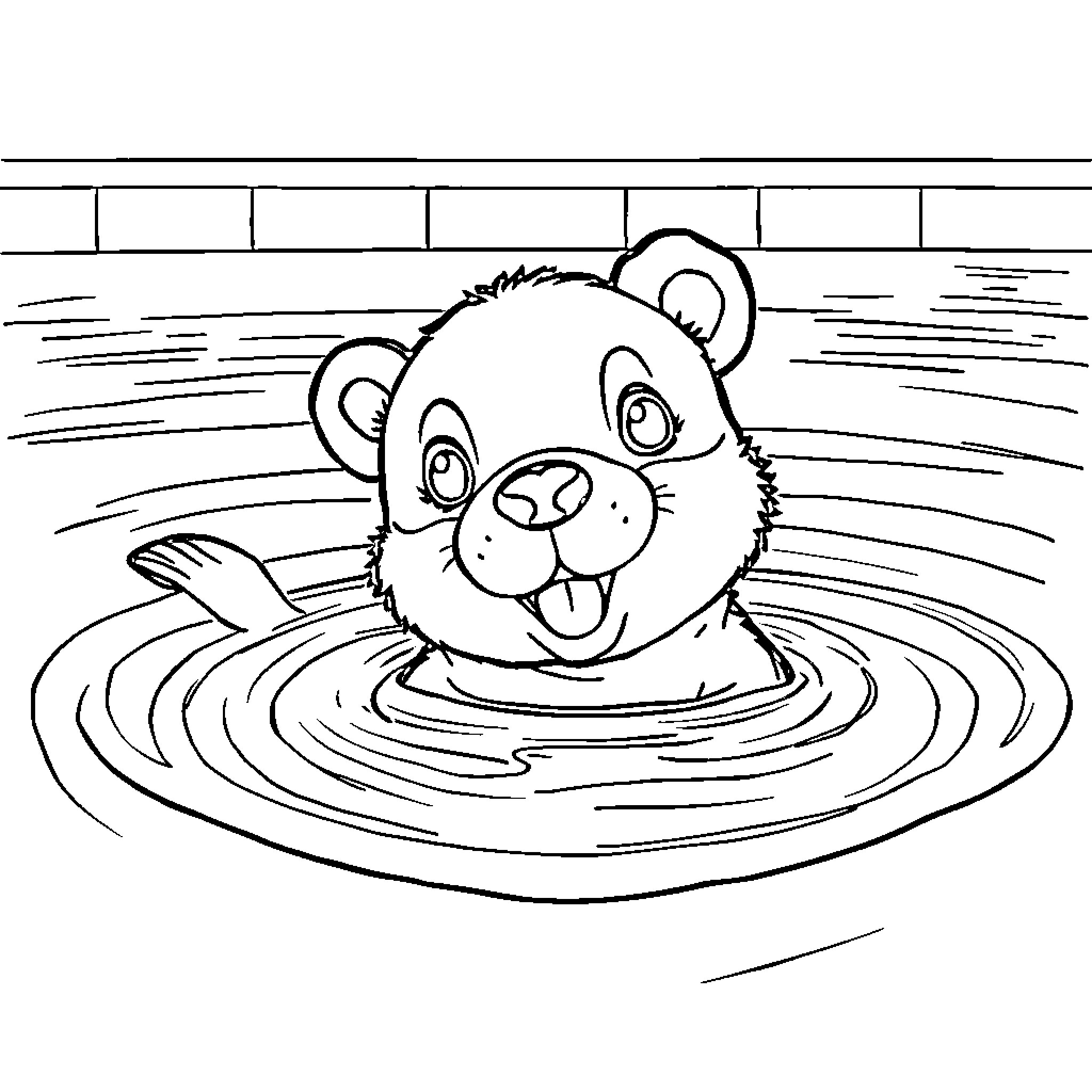Puppy swimming happily in the water Coloring Page (free black-and-white line drawing printable PDF for all, from beginners to advanced learners, including children, teens, adults, and seniors)