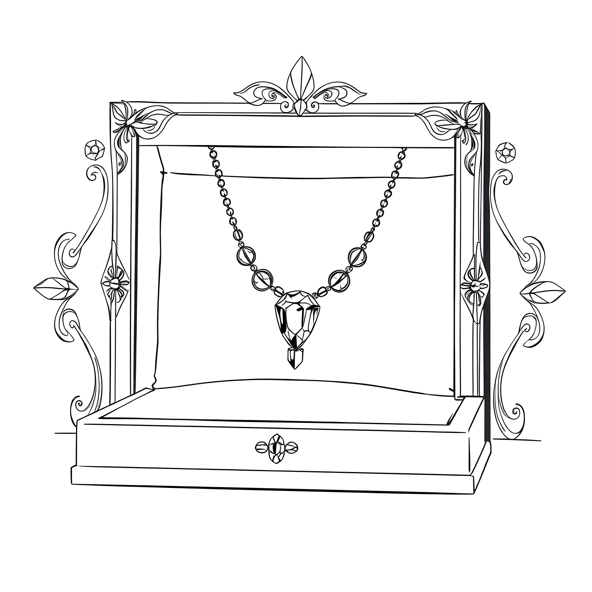 Gemstone Necklace in Ornate Frame Coloring Page (free black-and-white line drawing printable PDF for all, from beginners to advanced learners, including children, teens, adults, and seniors)