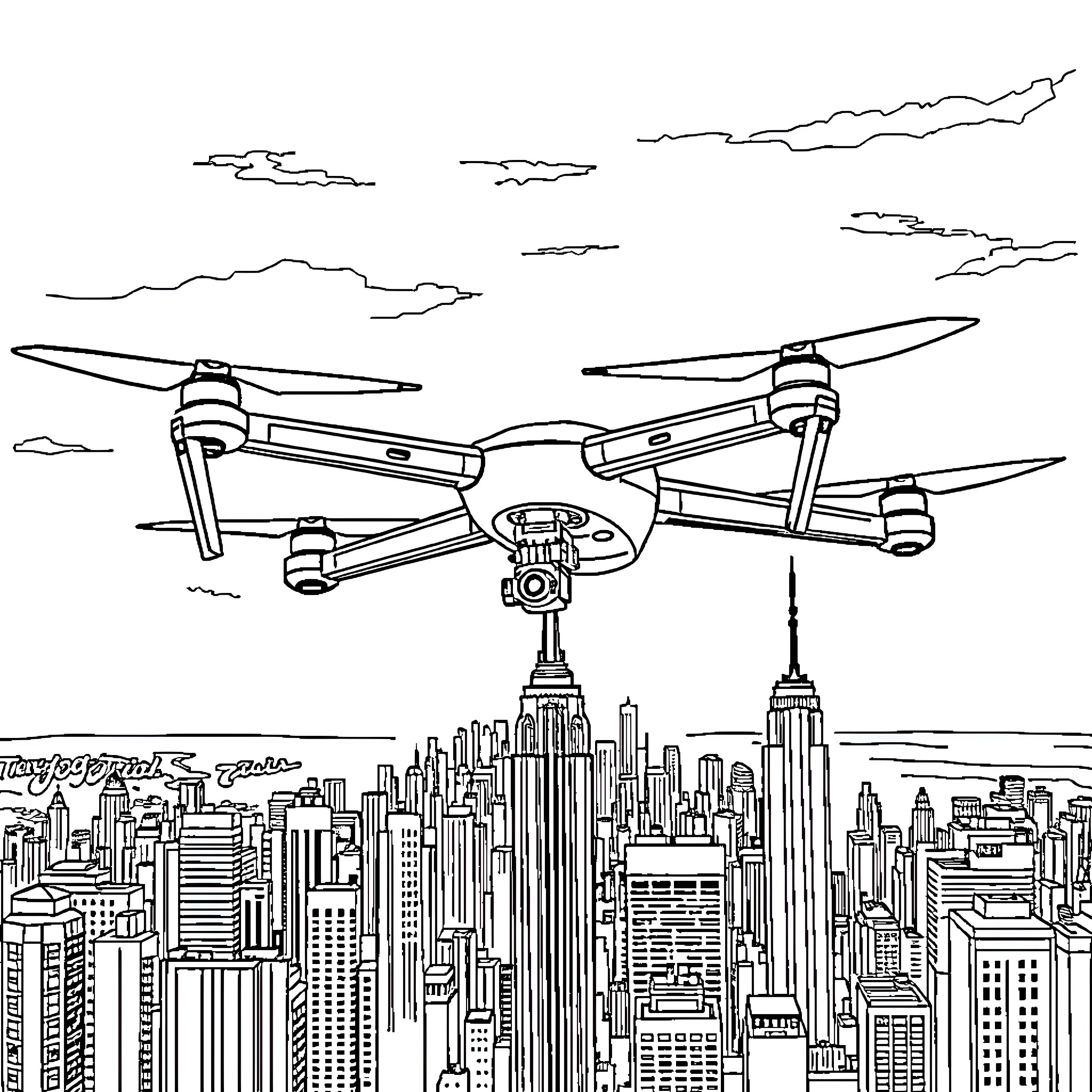 MQ-9 Aerial Drone Over Cityscape Coloring Page (free black-and-white line drawing printable PDF for all, from beginners to advanced learners, including children, teens, adults, and seniors)