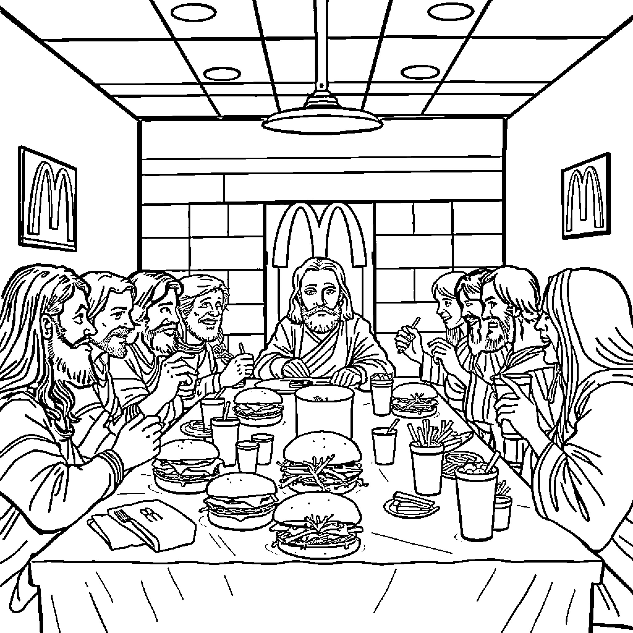 Last Supper with Jesus and Disciples Gathered at the Table Coloring Page (free black-and-white line drawing printable PDF for all, from beginners to advanced learners, including children, teens, adults, and seniors)