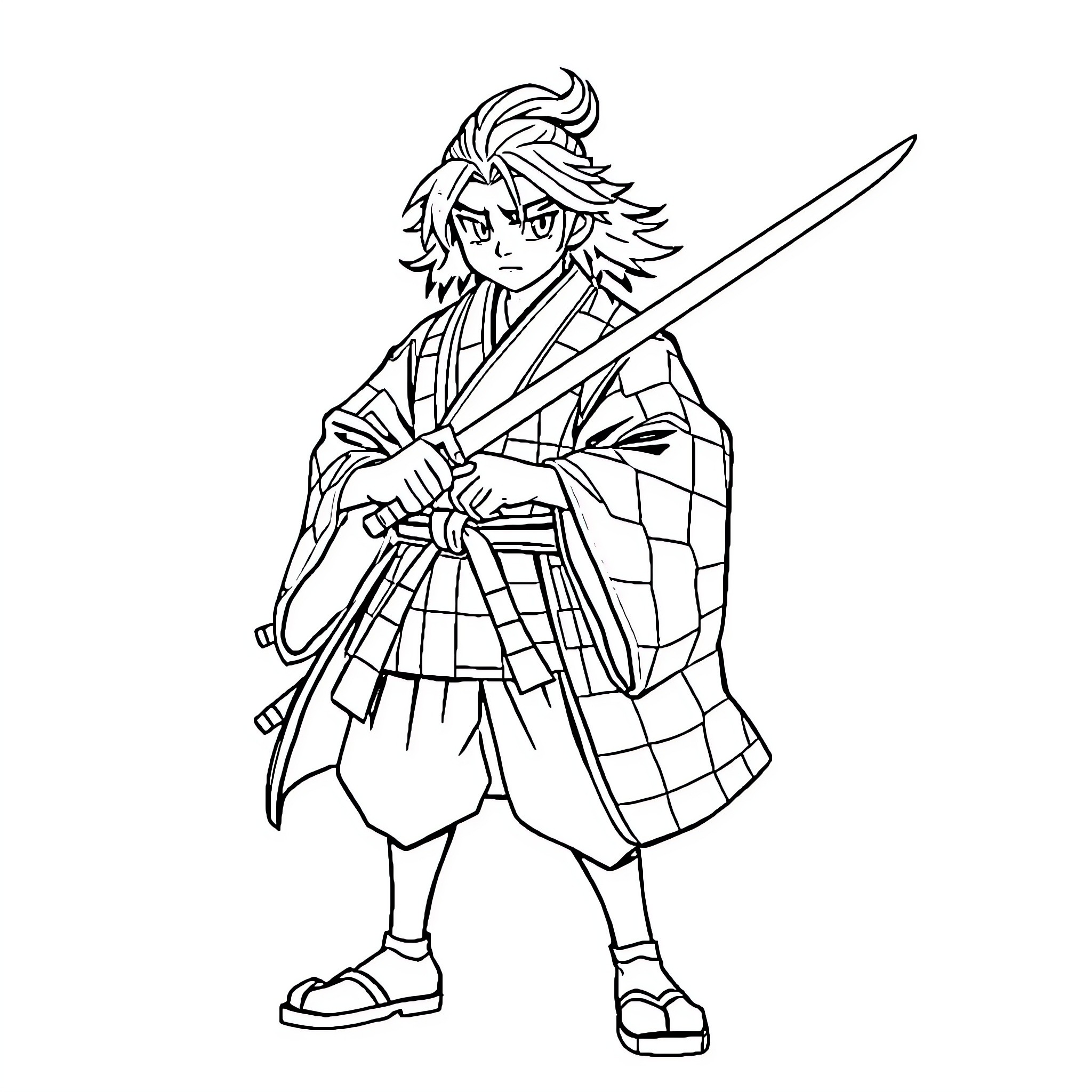 Tanjiro in battle-ready stance wielding a sword Coloring Page (free black-and-white line drawing printable PDF for all, from beginners to advanced learners, including children, teens, adults, and seniors)