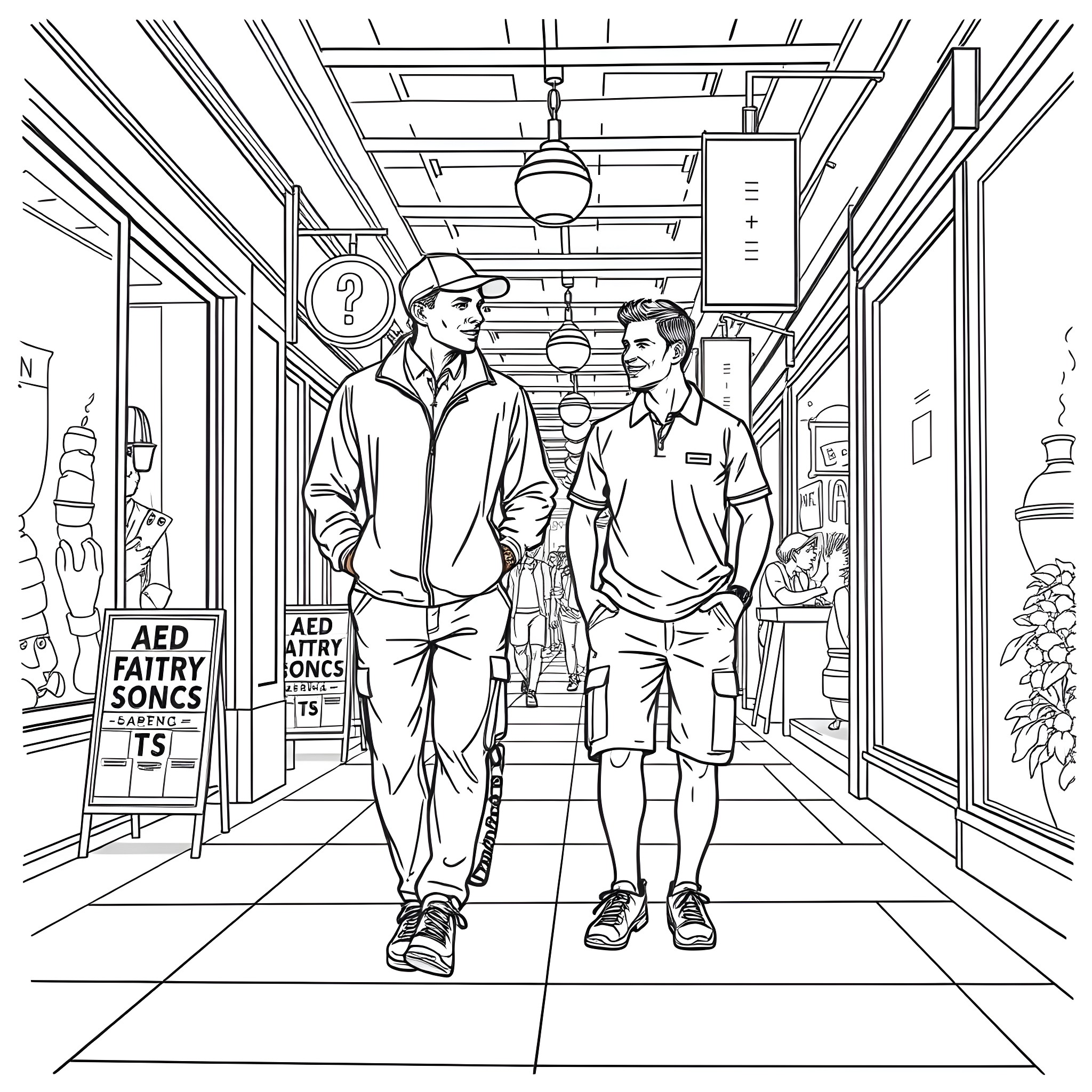 Guy walking with friend in a school hallway Coloring Page (free black-and-white line drawing printable PDF for all, from beginners to advanced learners, including children, teens, adults, and seniors)