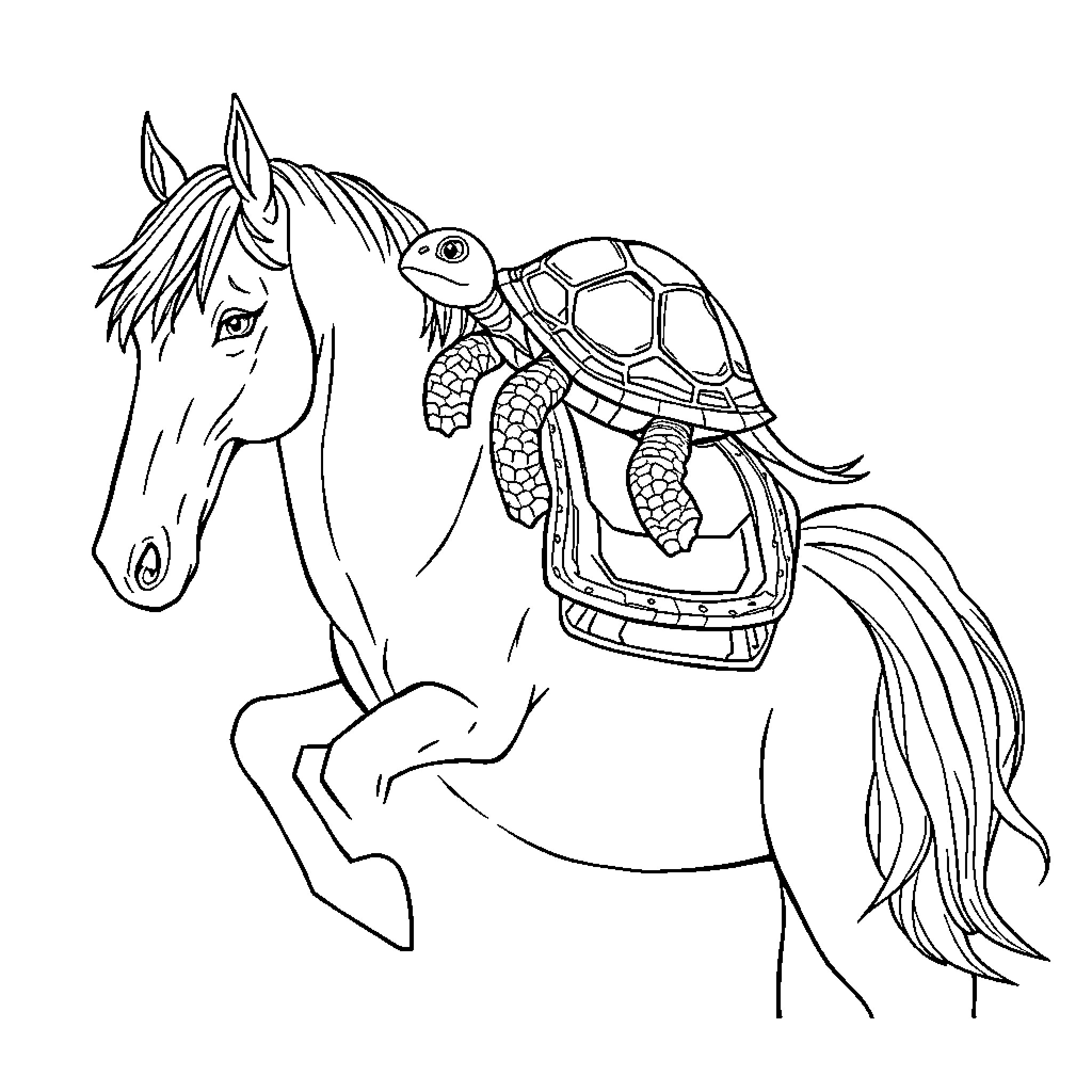 Turtle riding on a majestic horse Coloring Page (free black-and-white line drawing printable PDF for all, from beginners to advanced learners, including children, teens, adults, and seniors)