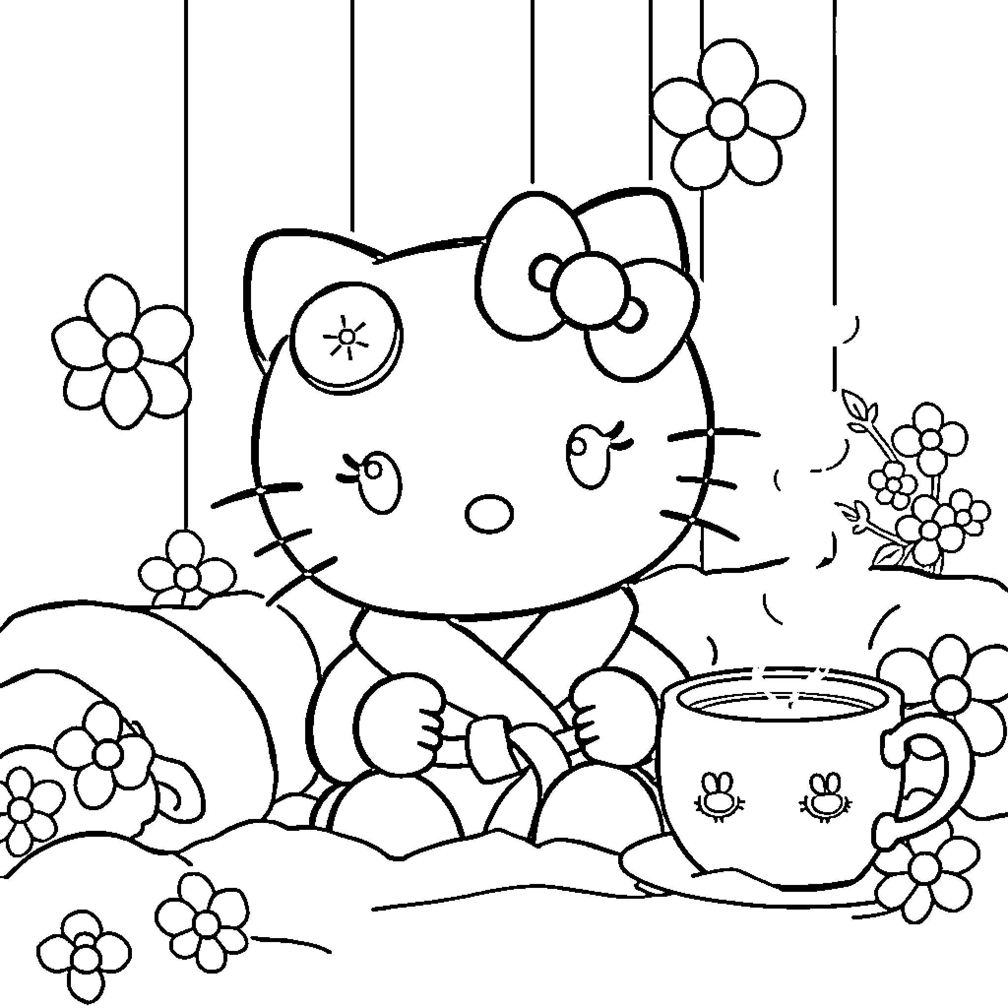 Hello Kitty enjoying tea time with flowers Coloring Page (free black-and-white line drawing printable PDF for all, from beginners to advanced learners, including children, teens, adults, and seniors)