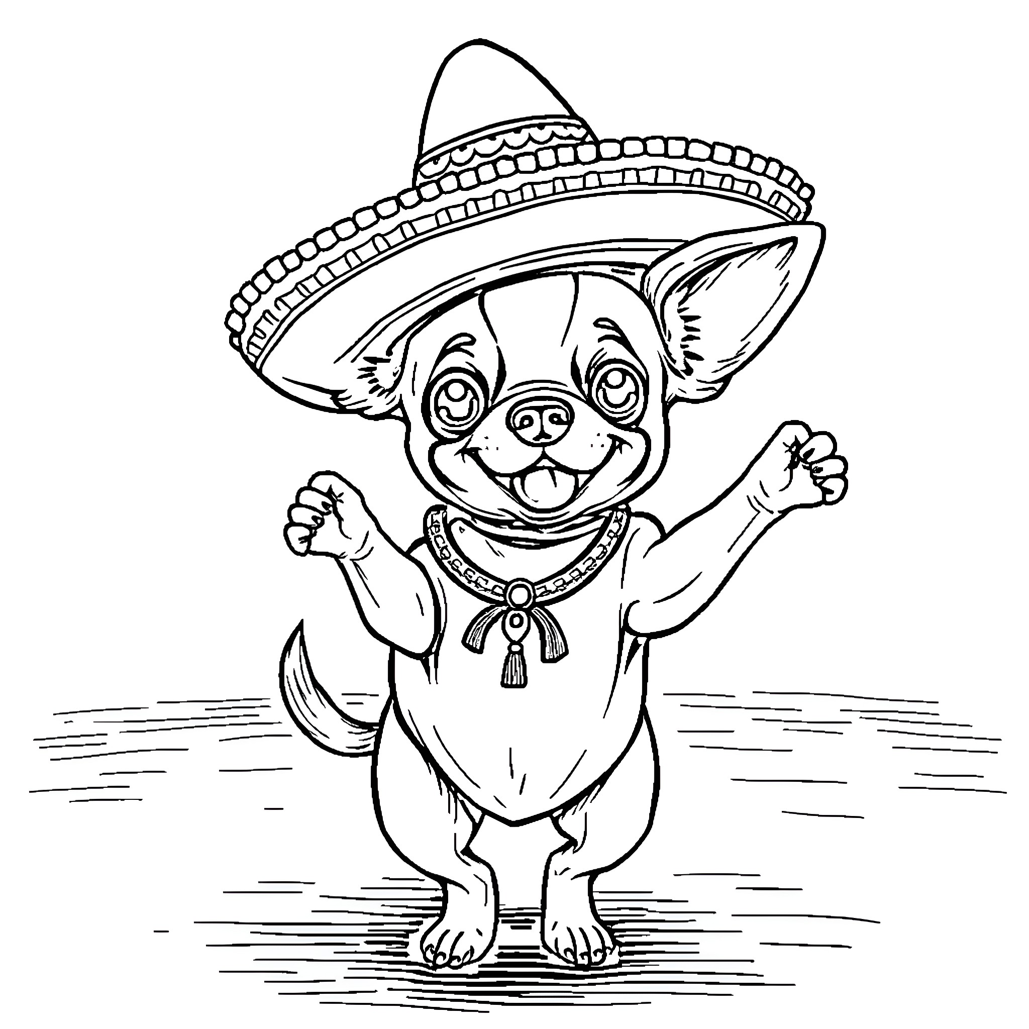 Chihuahua wearing a sombrero and celebrating happily Coloring Page (free black-and-white line drawing printable PDF for all, from beginners to advanced learners, including children, teens, adults, and seniors)