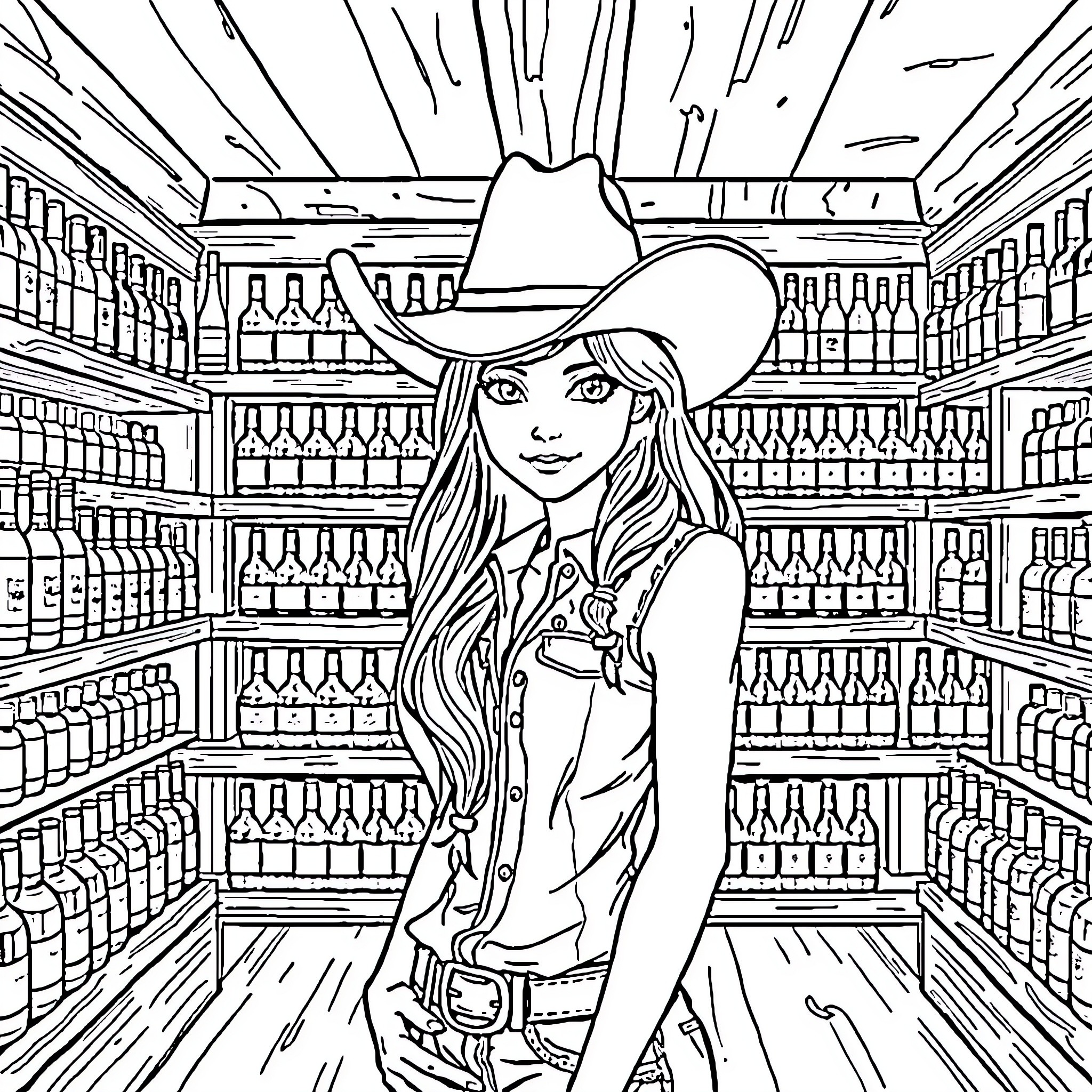 Cowgirl exploring a well-stocked grocery store Coloring Page (free black-and-white line drawing printable PDF for all, from beginners to advanced learners, including children, teens, adults, and seniors)