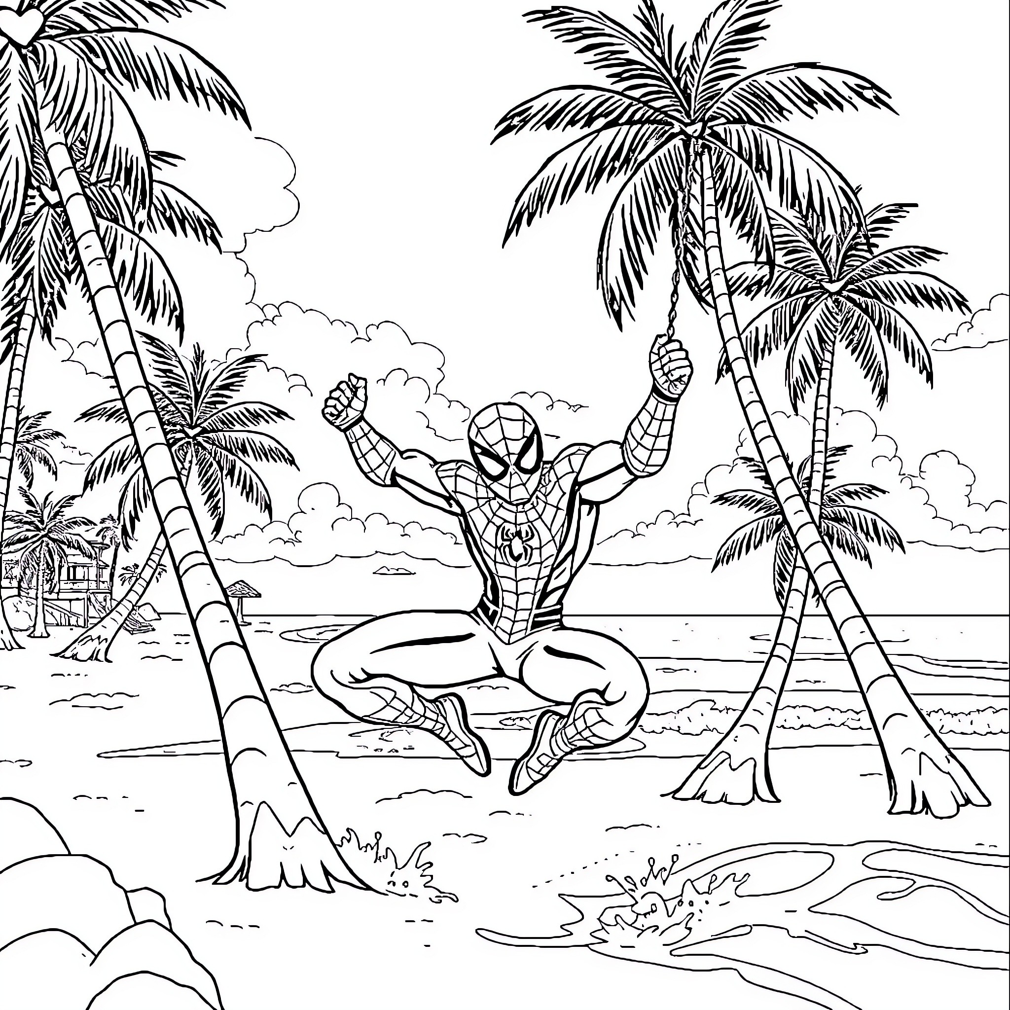 Spiderman swinging through tropical beach scene Coloring Page (free black-and-white line drawing printable PDF for all, from beginners to advanced learners, including children, teens, adults, and seniors)