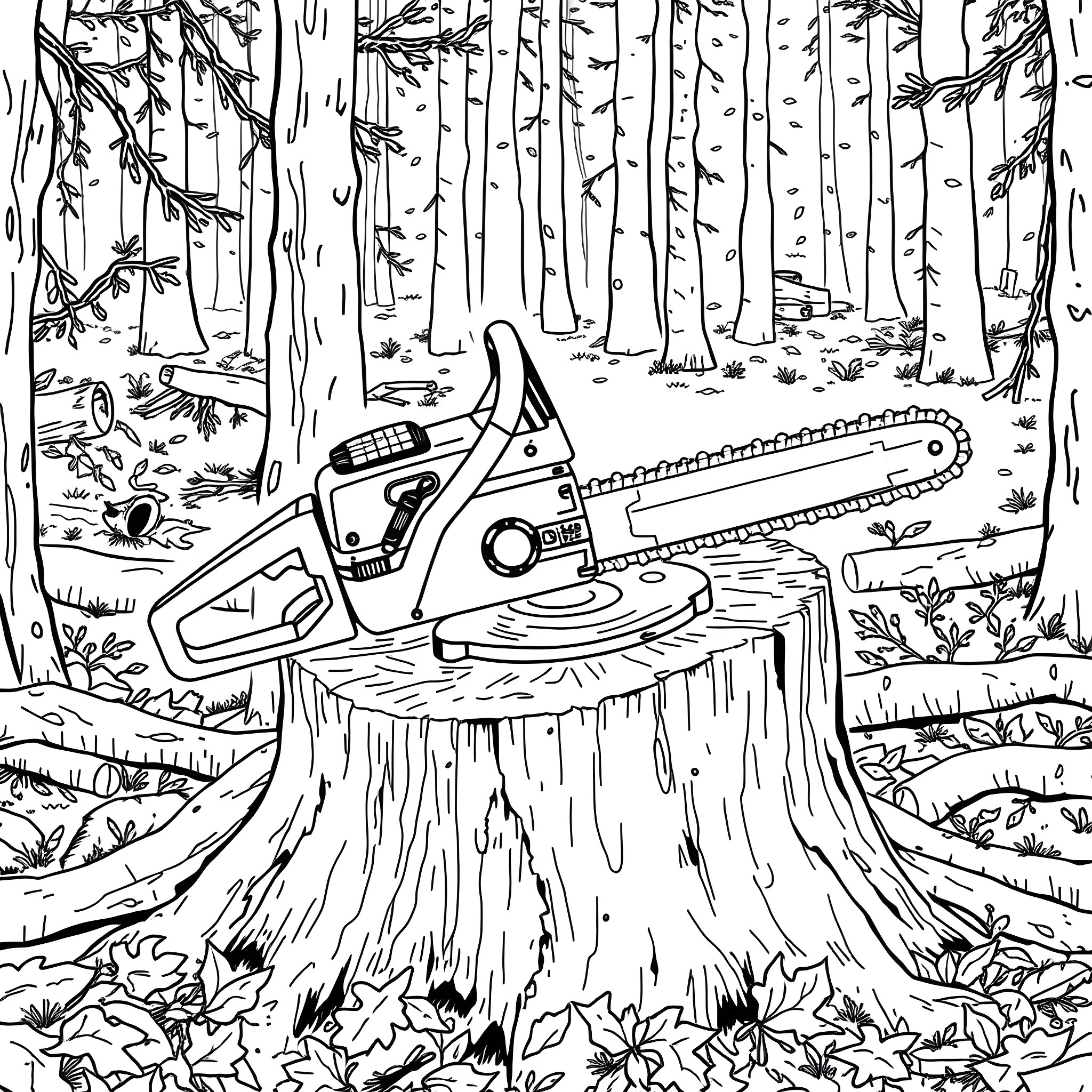 Chain Saw Cutting Through Tree Stump in Woodland Coloring Page (free black-and-white line drawing printable PDF for all, from beginners to advanced learners, including children, teens, adults, and seniors)