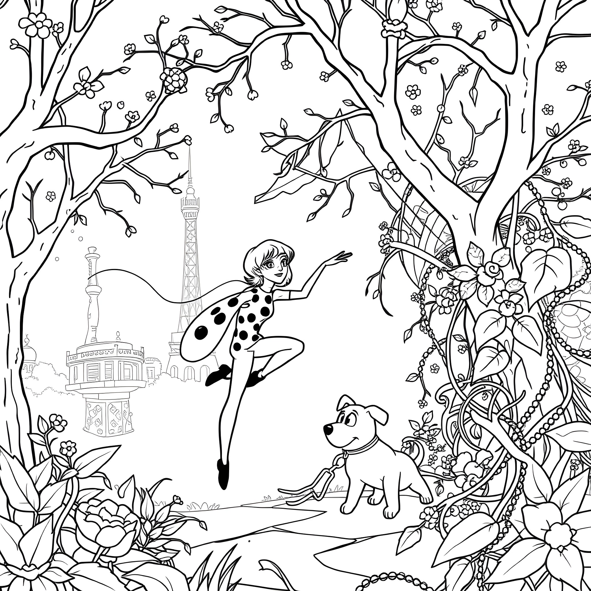 Ladybug and her animal friends exploring the magical forest Coloring Page (free black-and-white line drawing printable PDF for all, from beginners to advanced learners, including children, teens, adults, and seniors)