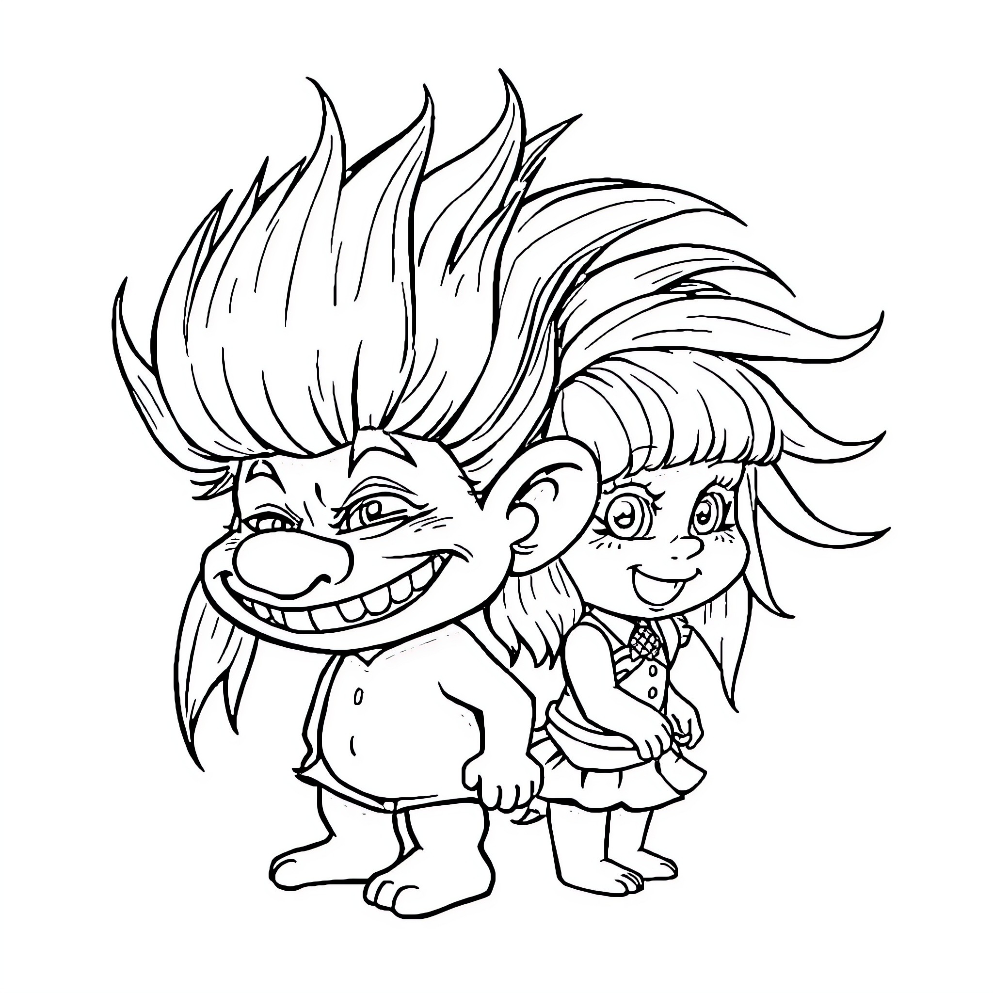 Troll characters with zany expressions and hairstyles Coloring Page (free black-and-white line drawing printable PDF for all, from beginners to advanced learners, including children, teens, adults, and seniors)