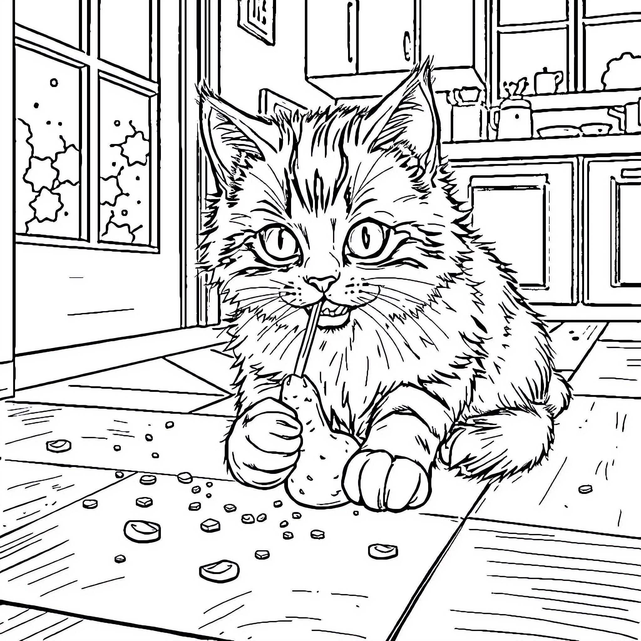 Cat enjoying treats on the floor Coloring Page (free black-and-white line drawing printable PDF for all, from beginners to advanced learners, including children, teens, adults, and seniors)