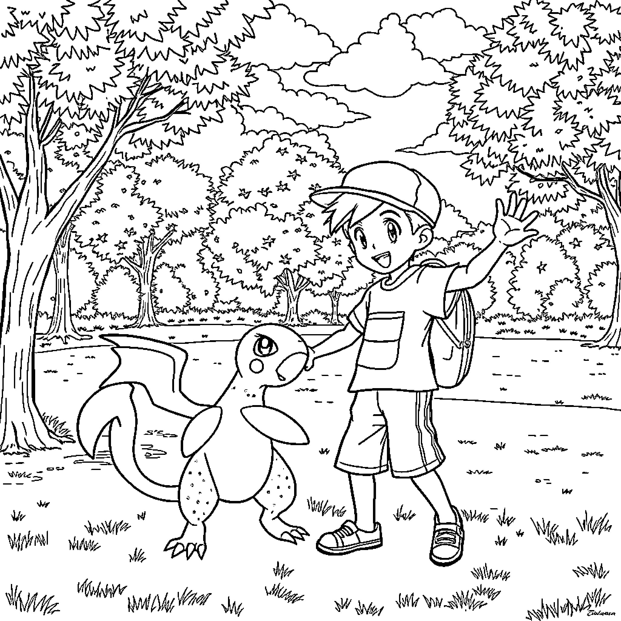 Boy exploring the outdoors with a friendly creature Coloring Page (free black-and-white line drawing printable PDF for all, from beginners to advanced learners, including children, teens, adults, and seniors)