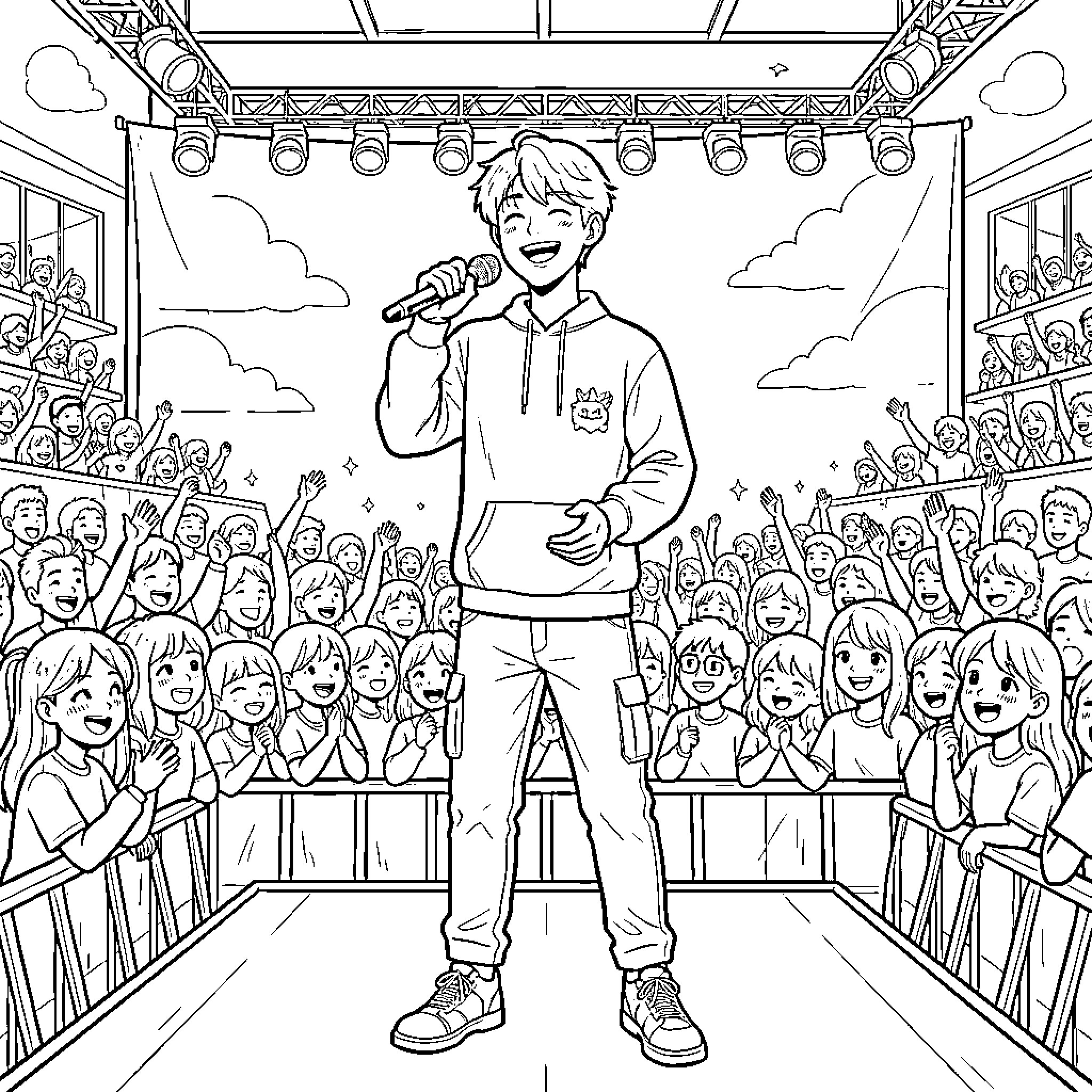 Jimin singing joyfully into a microphone on stage Coloring Page (free black-and-white line drawing printable PDF for all, from beginners to advanced learners, including children, teens, adults, and seniors)