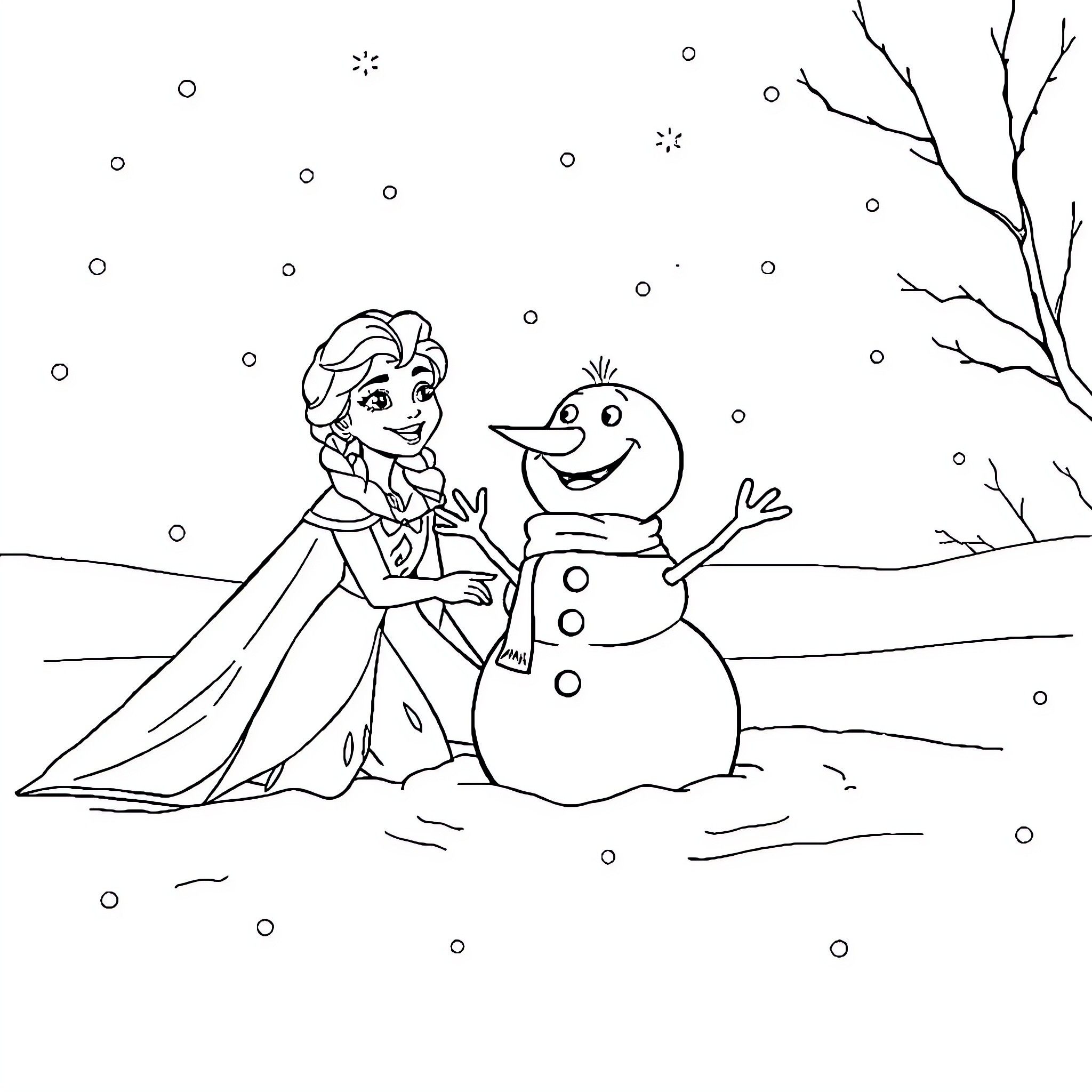 Elsa enjoys a winter day with Olaf the snowman Coloring Page (free black-and-white line drawing printable PDF for all, from beginners to advanced learners, including children, teens, adults, and seniors)