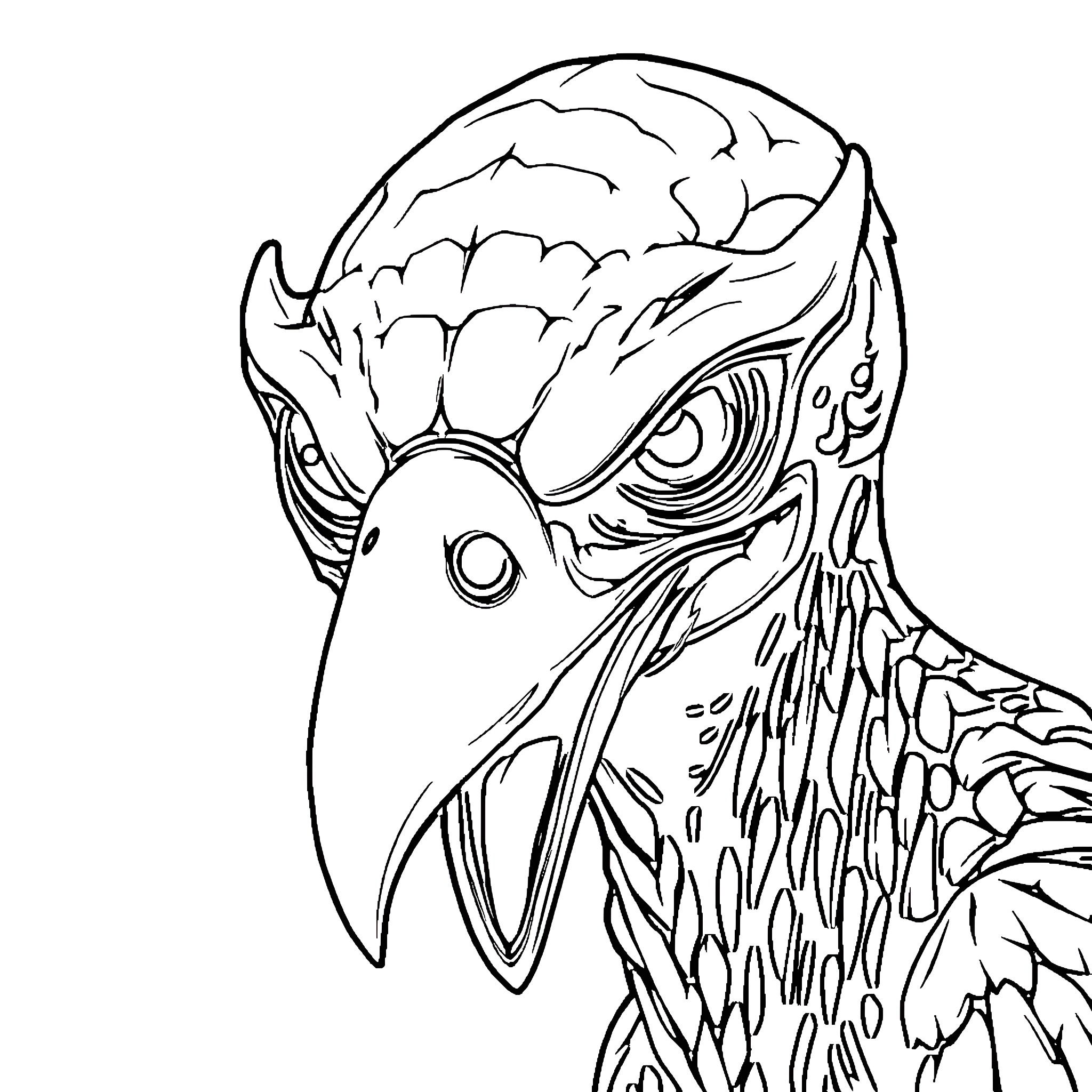 Alien Parrot with Striking Features Coloring Page (free black-and-white line drawing printable PDF for all, from beginners to advanced learners, including children, teens, adults, and seniors)